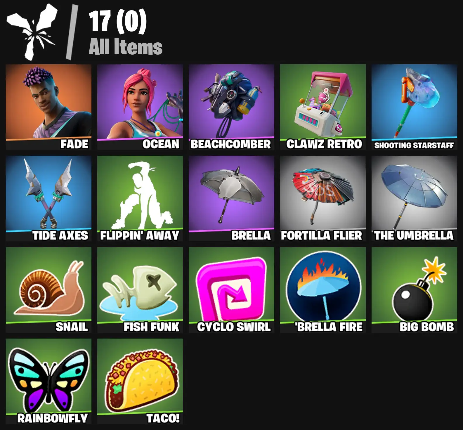 [PC/PSN/XBOX] 2 skins | Fade | Ocean | Beachcomber | Clawz Retro | Shooting Starstaff | Tide Axes | Flippin' Away | Brella | Fortilla Flier | 250 VB