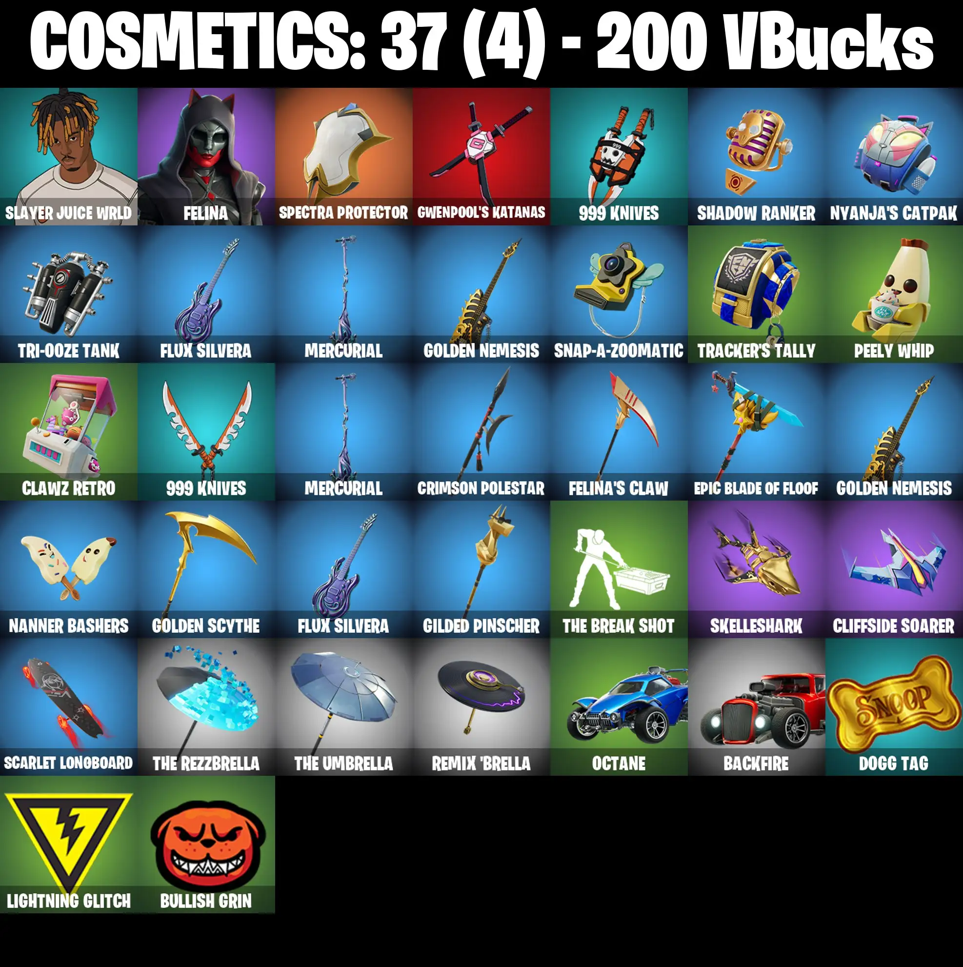 [PC/PSN/XBOX] 2 skins | Slayer Juice WRLD | Felina | Spectra Protector | Gwenpool's Katanas | 999 Knives | SHADOW Ranker | Nyanja's Catpak | 200 VB