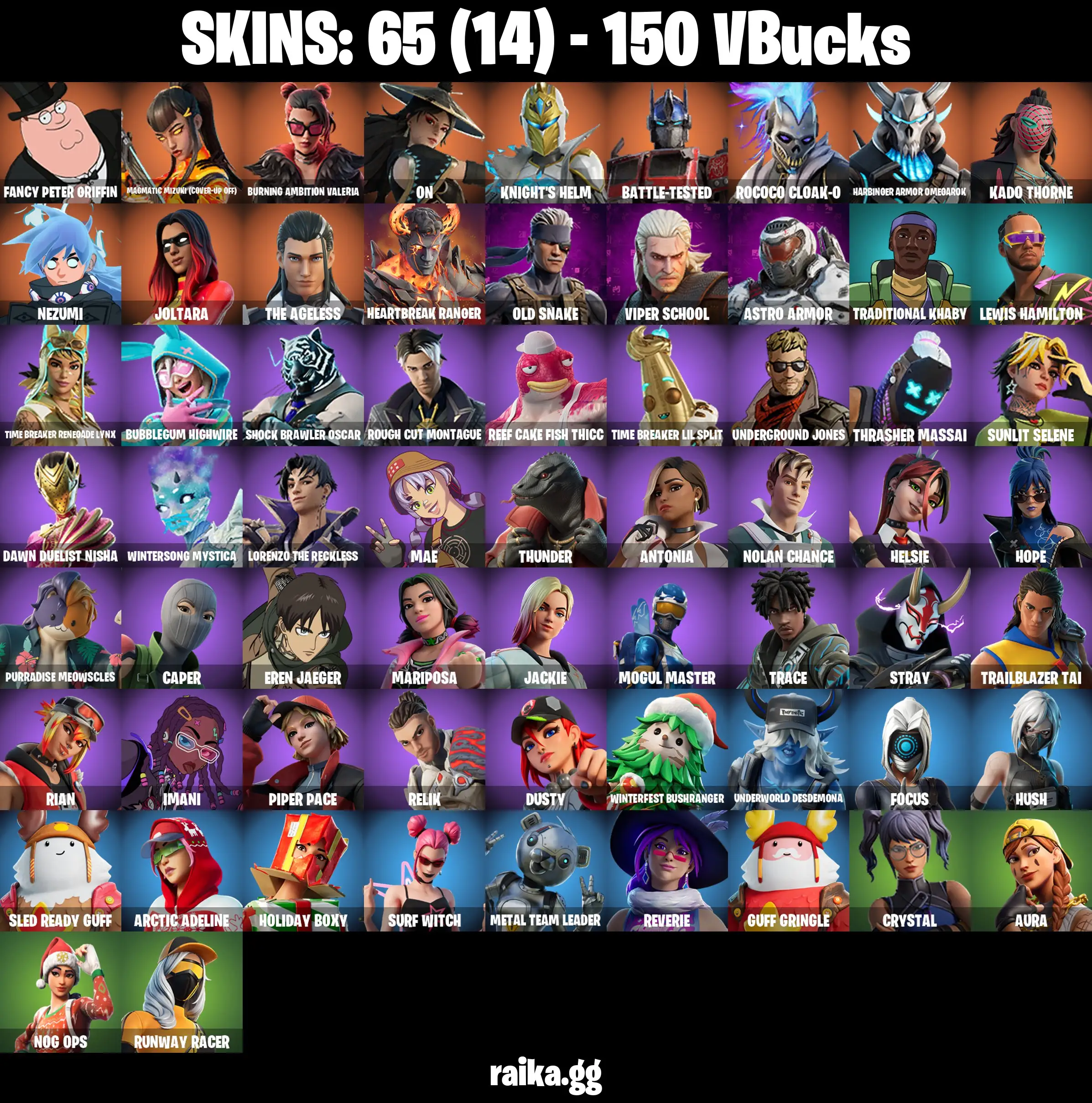 [PC/XB/PS/NIN] 65 skins | Fancy Peter Griffin | Renegade Lynx | Burning Ambition Valeria | Eren Jaeger| Knight's Helm | Stray | Caper | Metal Team Leader | Tech Axe | Ol'woody | Sigil Of The Alliance War