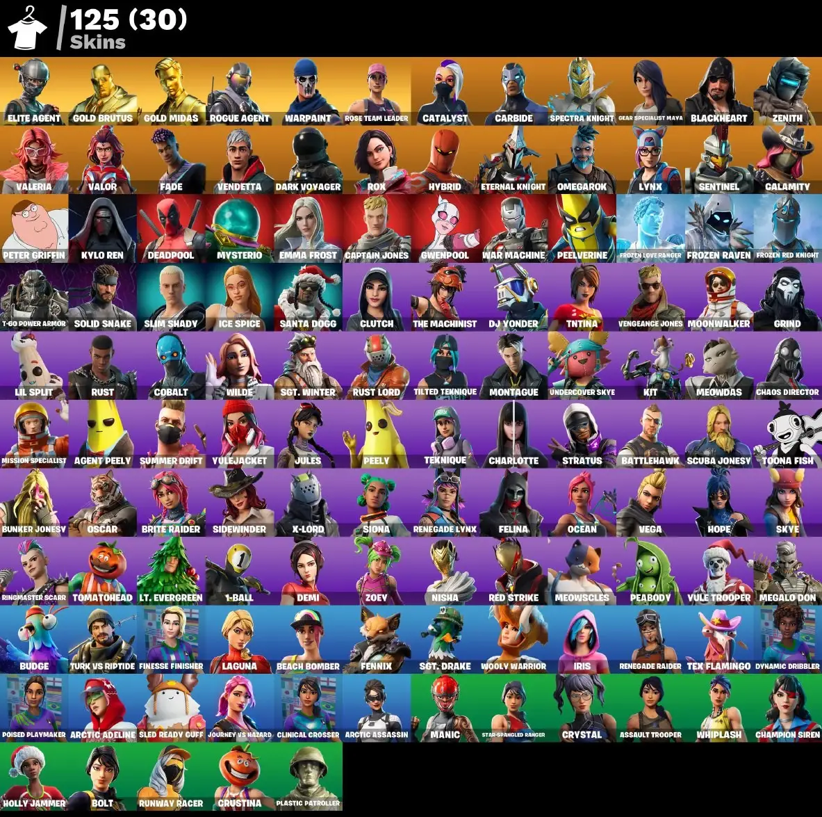 125 skins | OG STW | Elite Agent | Take The L | Renegade Raider | Gold Brutus | Gold Midas | Rogue Agent | Catalyst | Carbide | Spectra Knight | 380 VB
