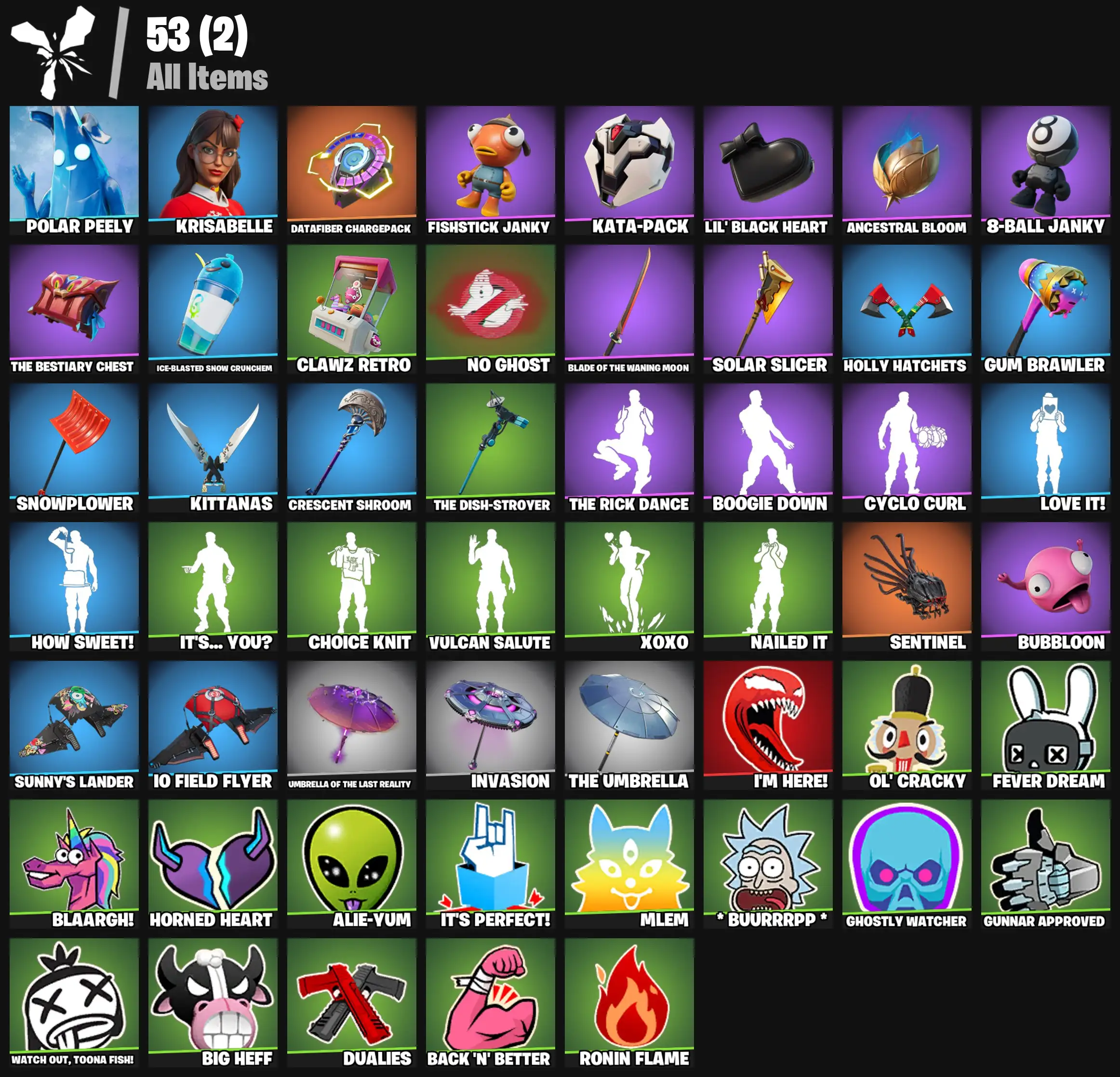 [PC/PSN/XBOX] 2 skins | Polar Peely | Krisabelle | Datafiber Chargepack | Fishstick Janky | Kata-Pack | Lil' Black Heart | Ancestral Bloom | 100 VB