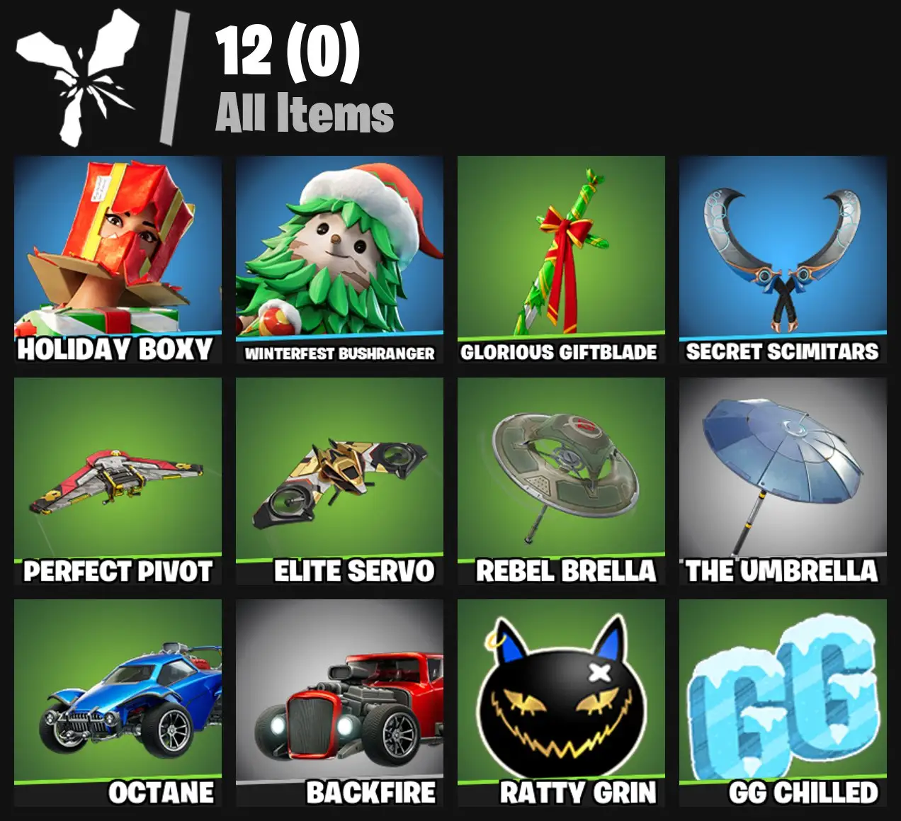 [PC/PSN/XBOX] 2 skins | Holiday Boxy | Winterfest Bushranger | Glorious Giftblade | Secret Scimitars | Perfect Pivot | Elite Servo | Rebel Brella | 0 VB