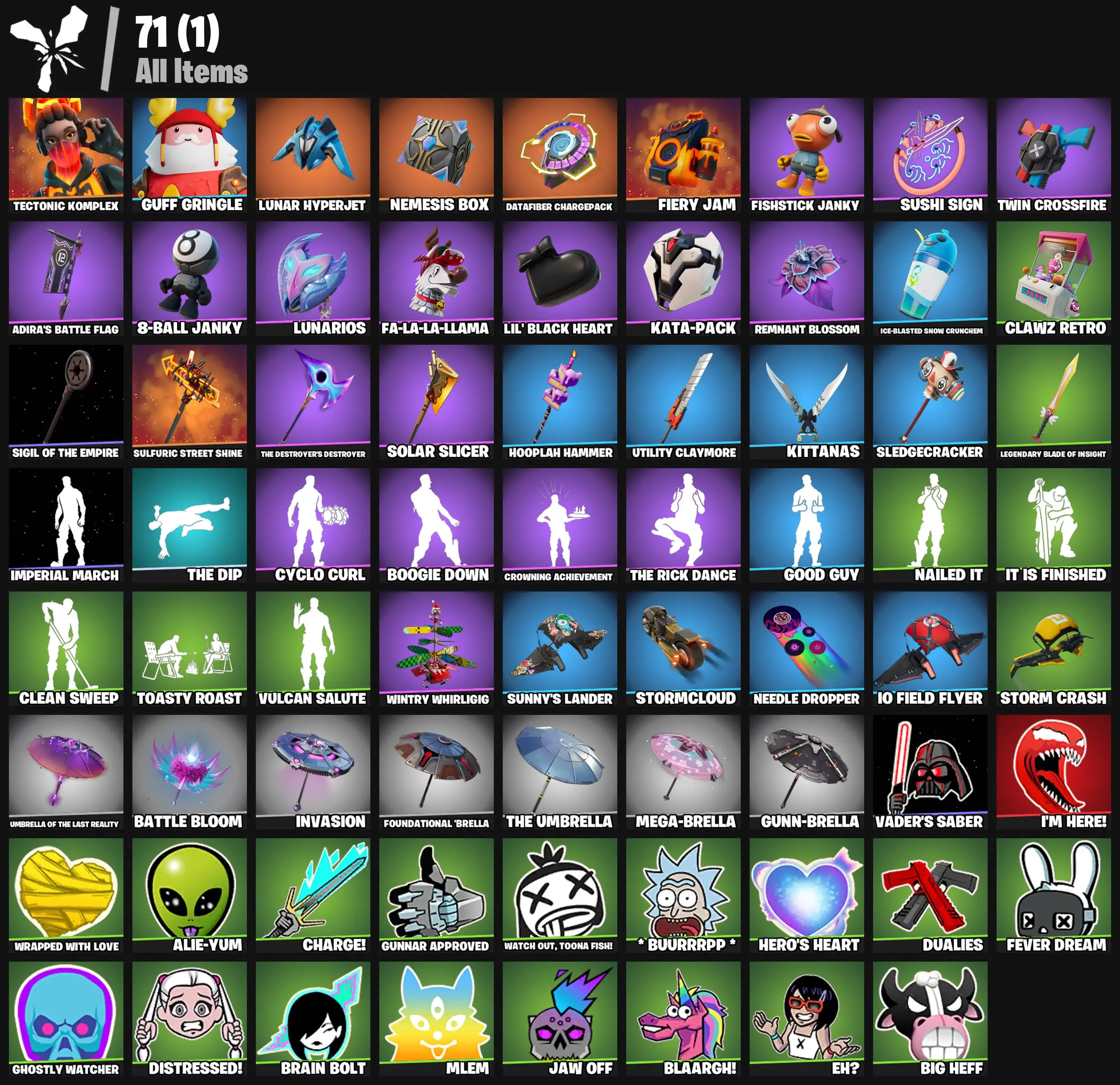 [PC/PSN/XBOX] 2 skins | Tectonic Komplex | Guff Gringle | Lunar Hyperjet | Nemesis Box | Datafiber Chargepack | Fiery Jam | Fishstick Janky | 200 VB