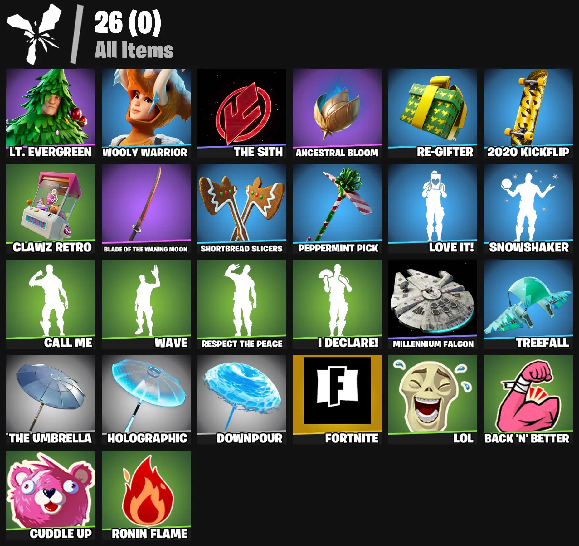 [PC/PSN/XBOX] 2 skins | Fortnite | Lt. Evergreen | Wooly Warrior | The Sith | Ancestral Bloom | Re-gifter | 2020 Kickflip | Clawz Retro | 300 VB