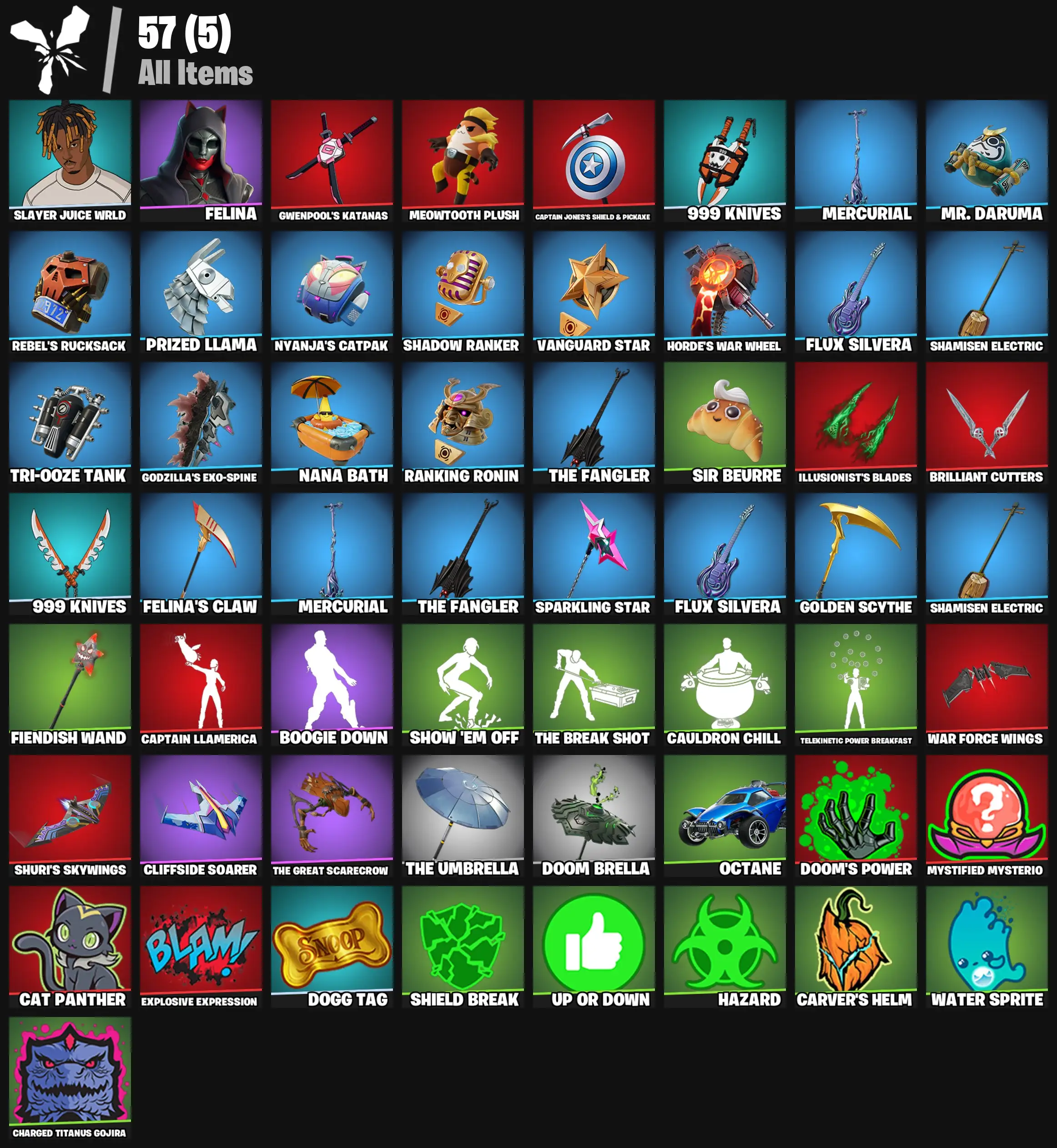 [PC/PSN/XBOX] 2 skins | Slayer Juice WRLD | Felina | Gwenpool's Katanas | Meowtooth Plush | Captain Jones's Shield & Pickaxe | 999 Knives | 100 VB