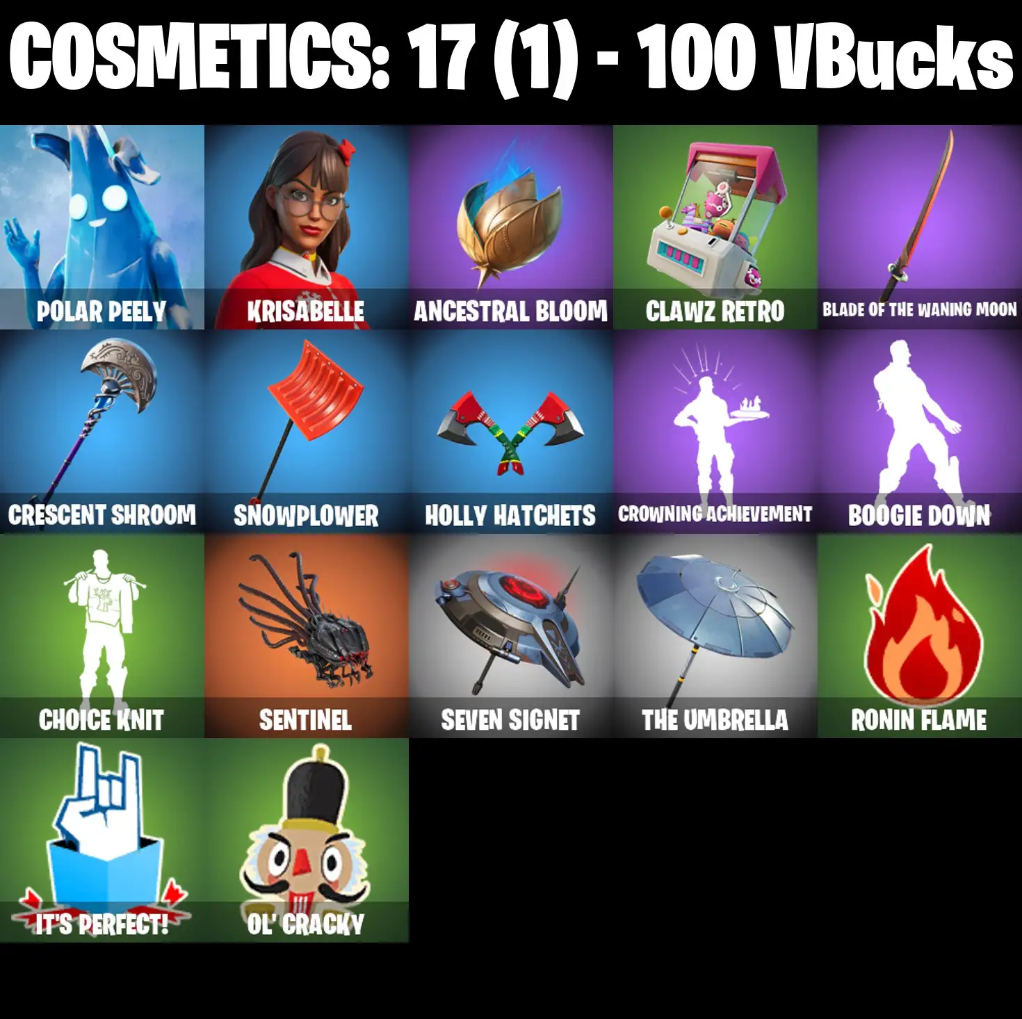 [PC/PSN/XBOX] 2 skins | Polar Peely | Krisabelle | Ancestral Bloom | Clawz Retro | Blade of the Waning Moon | Crescent Shroom | Snowplower | 100 VB