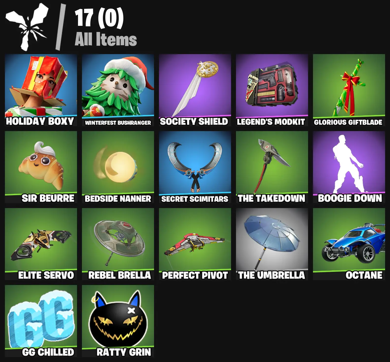 [PC/PSN/XBOX] 2 skins | Holiday Boxy | Winterfest Bushranger | Society Shield | Legend's Modkit | Glorious Giftblade | Sir Beurre | Bedside Nanner | 100 VB