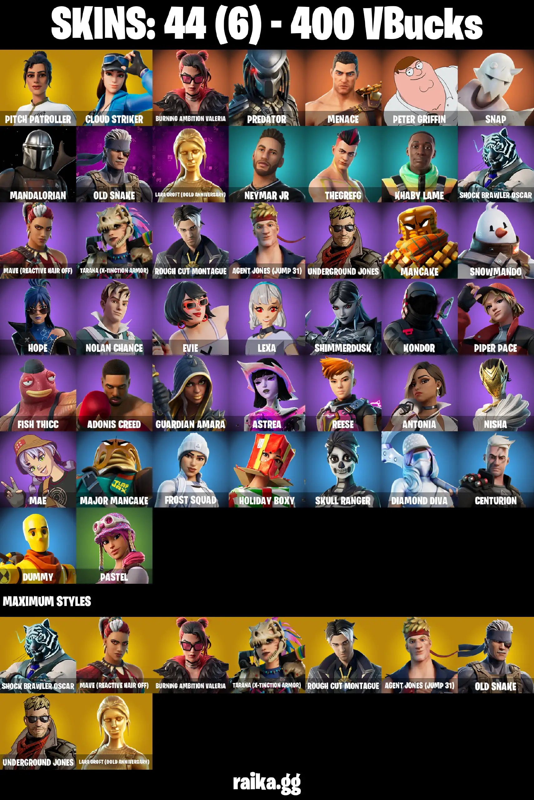 [PC/PS/XB/NIN] 44 skins Lara Croft (Gold) | Reaper | Pitch Patroller | Cloud Striker | Predator | Menace | Peter Griffin | Snap | Skull Ranger | Old Snake