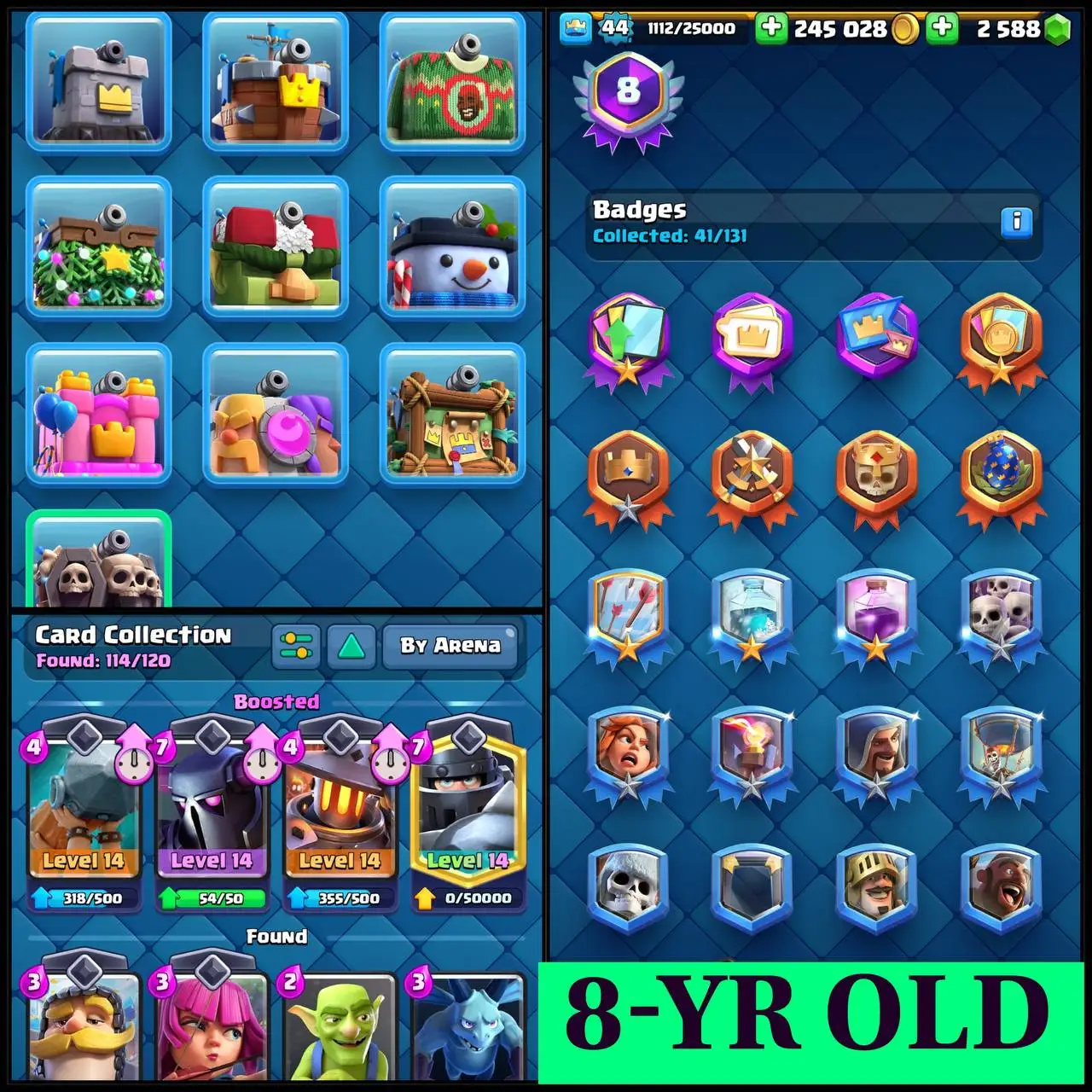 👑LVL-44 / 8-YR OLD ACC 👑3-EVO CARDS🔥15- MAX CARDS❤️6084-TROPHIES🏆KT-14💫 ARENA-17💥33 EMOTES🫧 9 TOWER SKINS🏵CHEAP👀INSTANT DELIVERY GUARANTEED🚚✅