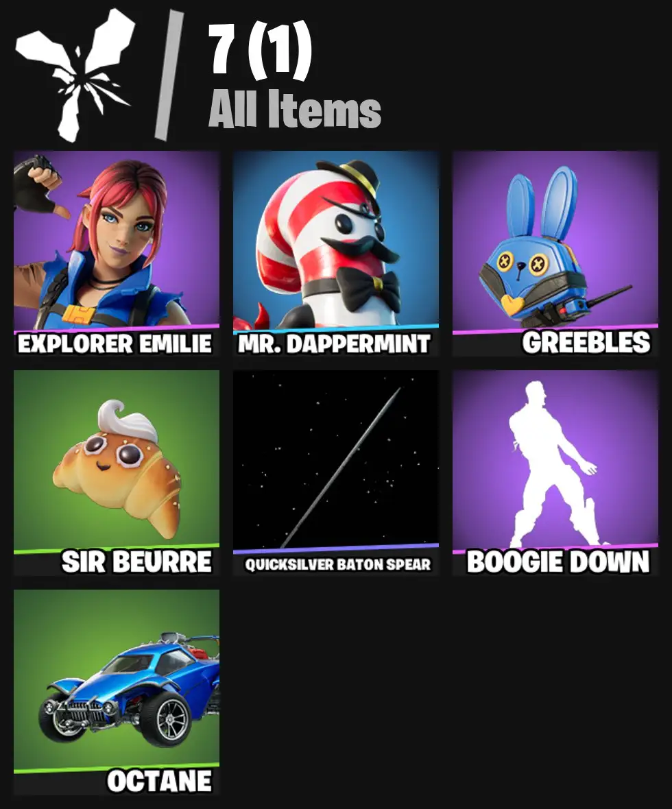 [PC/PSN/XBOX] 2 skins | Explorer Emilie | Mr. Dappermint | Greebles | Sir Beurre | Quicksilver Baton Spear | Boogie Down | 0 VB