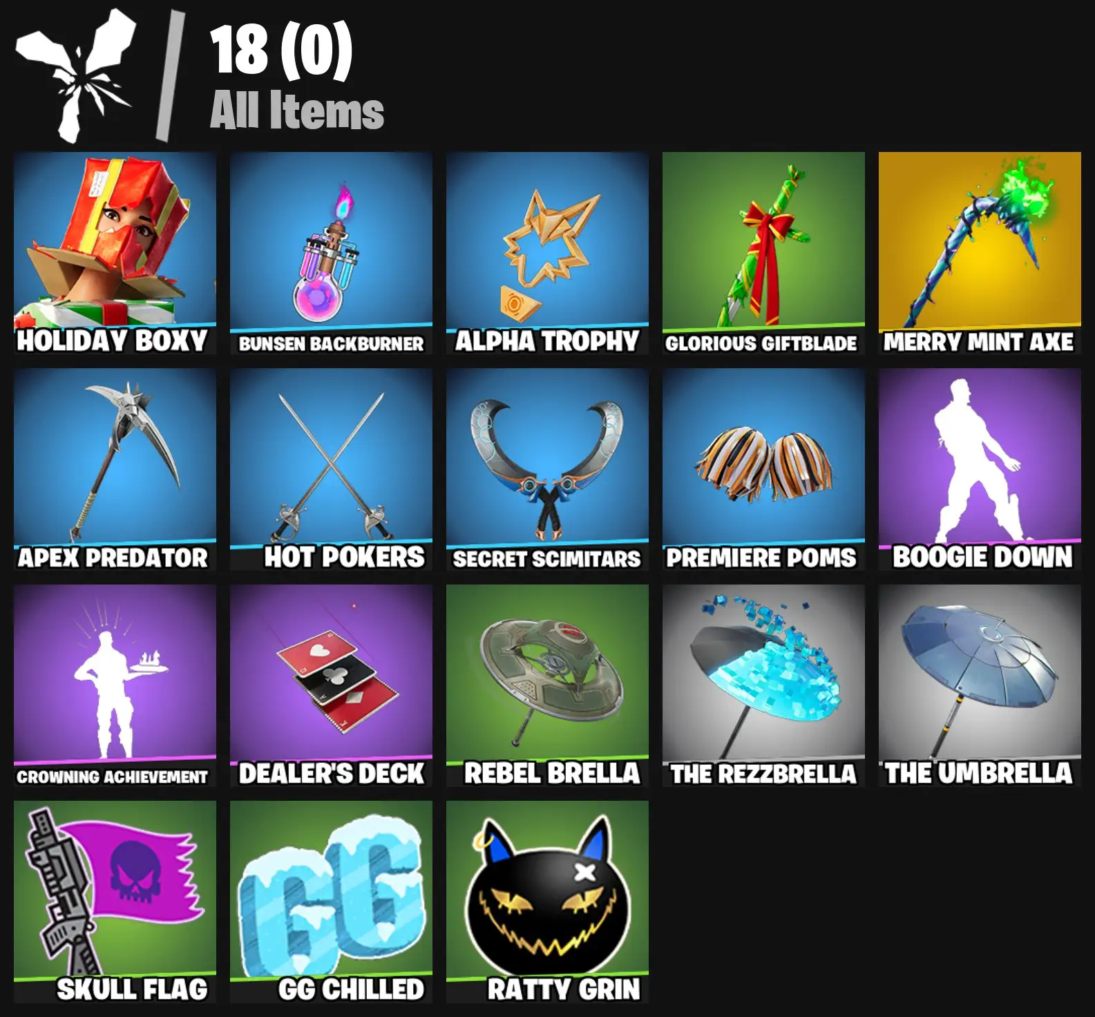 [PC/PSN/XBOX] 1 skins | Merry Mint Axe | Boogie Down | Holiday Boxy | Alpha Trophy | Bunsen Backburner | Glorious Giftblade | Apex Predator | Hot Pokers