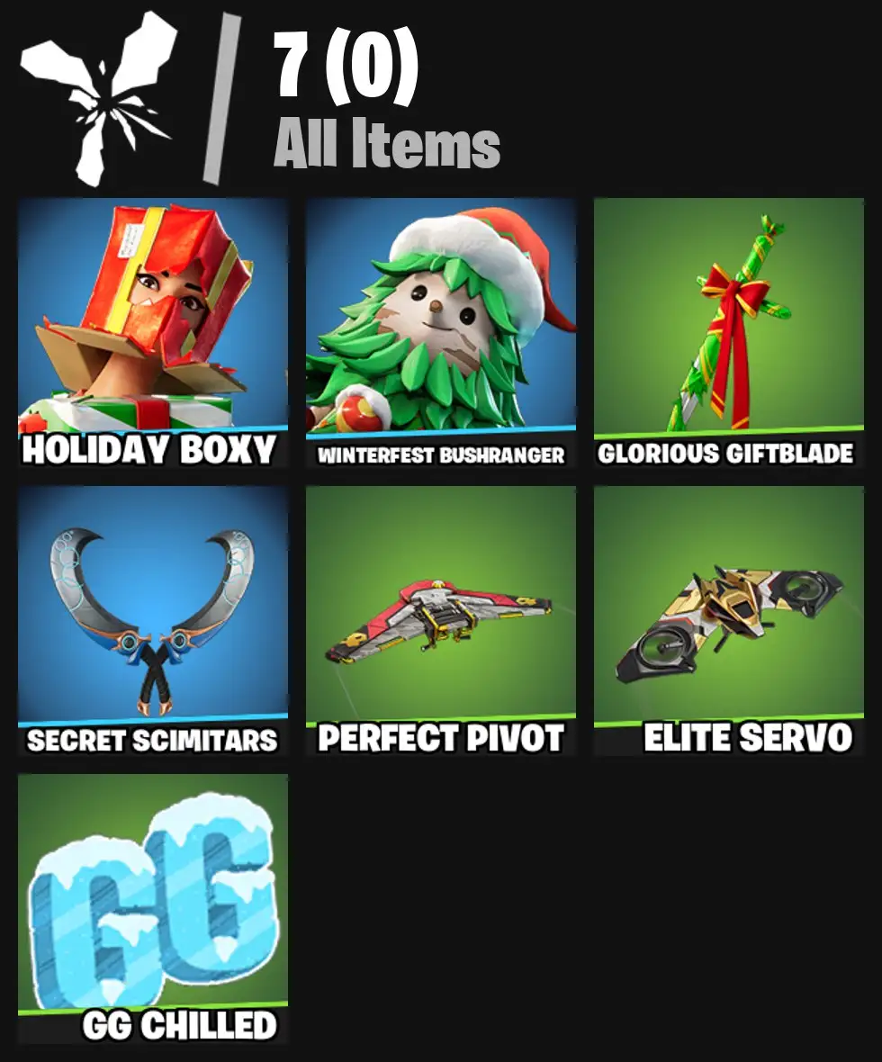 [PC/PSN/XBOX] 2 skins | Holiday Boxy | Winterfest Bushranger | Glorious Giftblade | Secret Scimitars | Perfect Pivot | Elite Servo | 0 VB