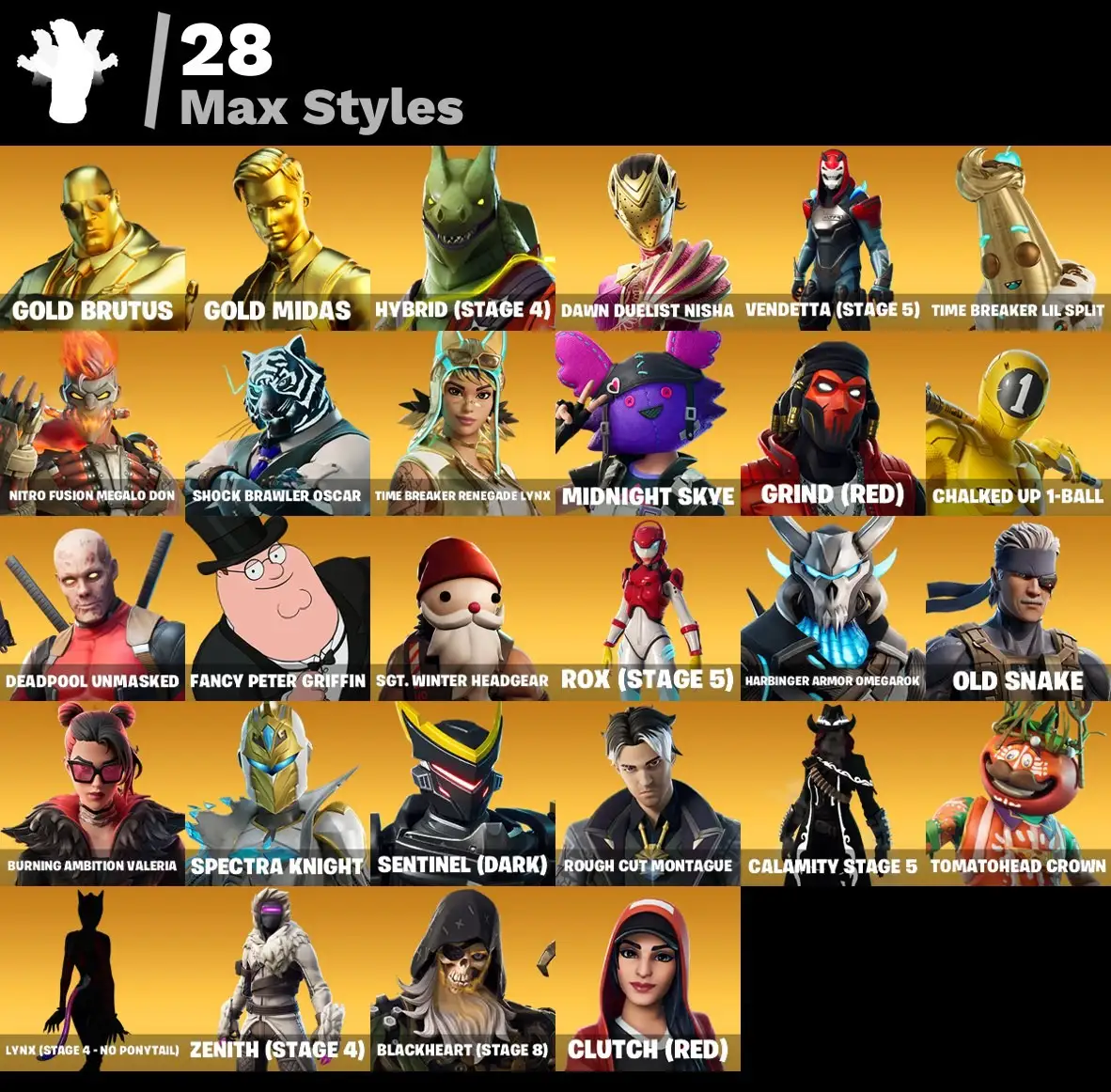 125 skins | OG STW | Elite Agent | Take The L | Renegade Raider | Gold Brutus | Gold Midas | Rogue Agent | Catalyst | Carbide | Spectra Knight | 380 VB