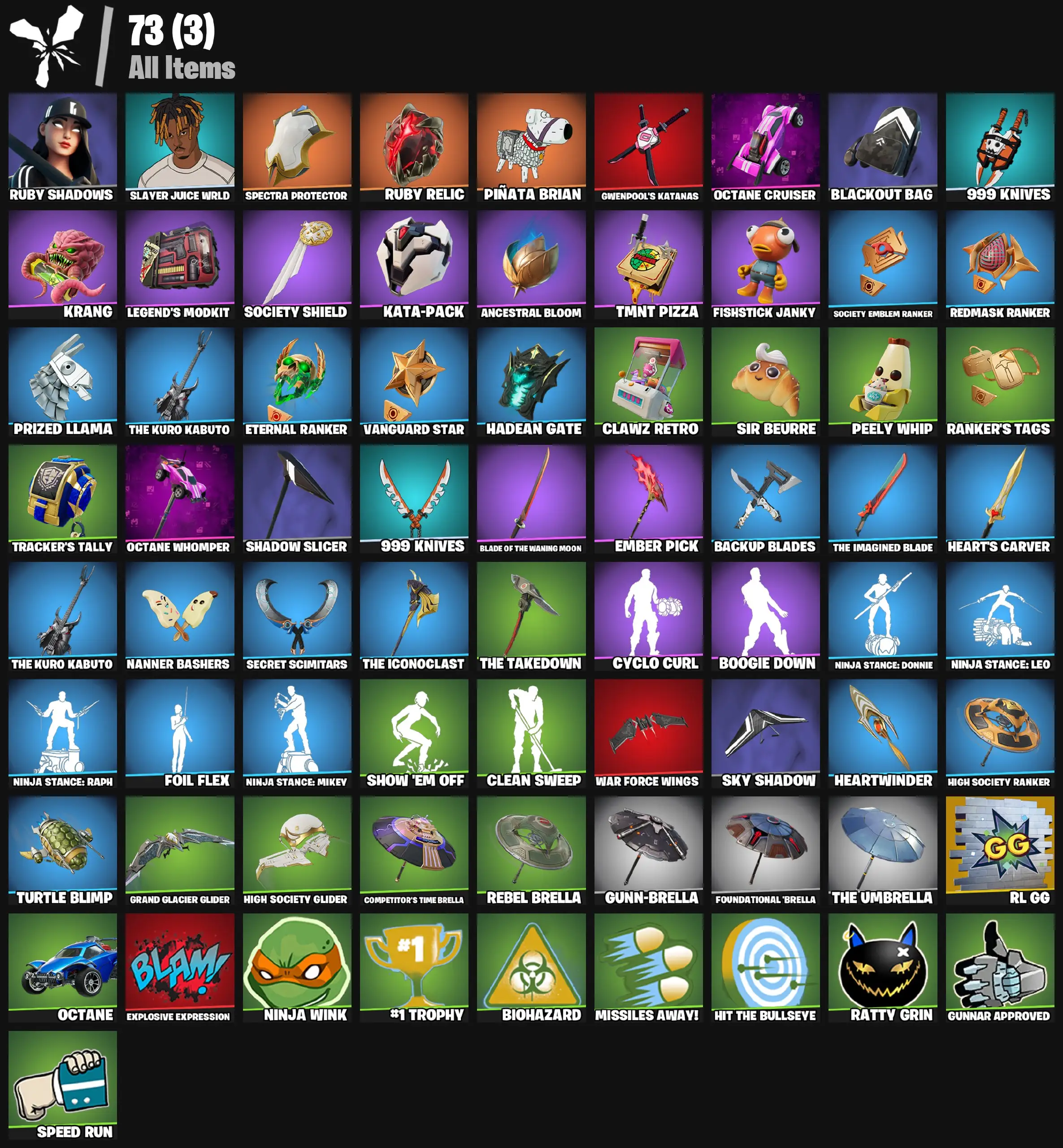[PC/PSN/XBOX] 2 skins | Ruby Shadows | Slayer Juice WRLD | Spectra Protector | Ruby Relic | Piñata Brian | Gwenpool's Katanas | Octane Cruiser | 100 VB