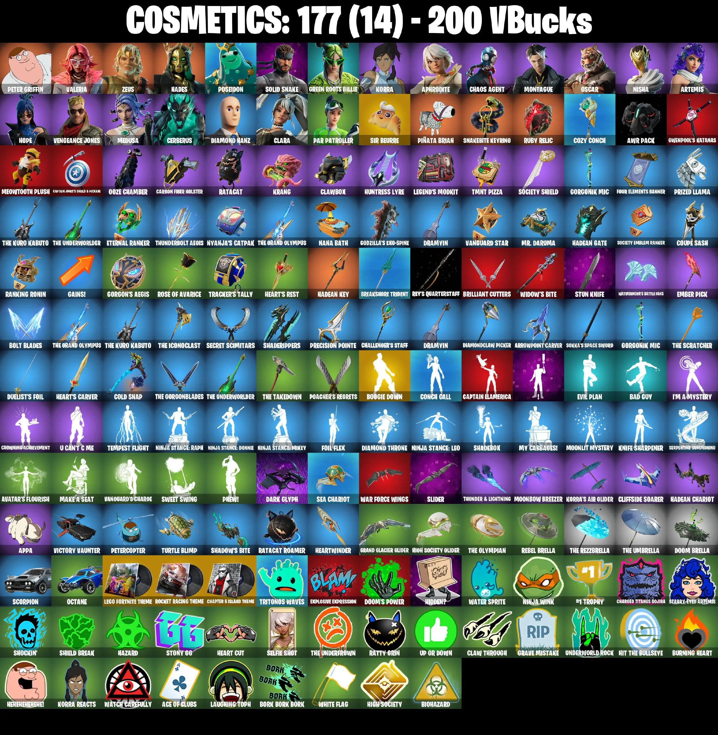 [PC/PSN/XBOX] 21 SKINS / HADES / ZEUS / VALERIA / PETER GRIFFIN / POSEIDON / SOLID SNAKE / GREEN ROOTS BILLIE / VENGEANCE JONES /