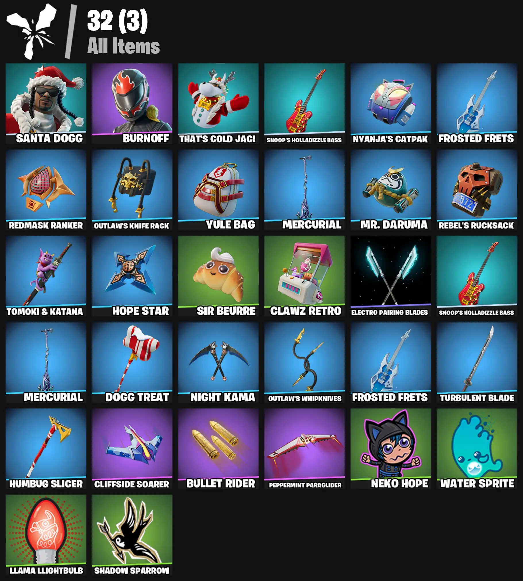 [PC/PSN/XBOX] 2 skins | Santa Dogg | Burnoff | That's Cold Jac! | Snoop's Holladizzle Bass | Nyanja's Catpak | Frosted Frets | Redmask Ranker | 100 VB