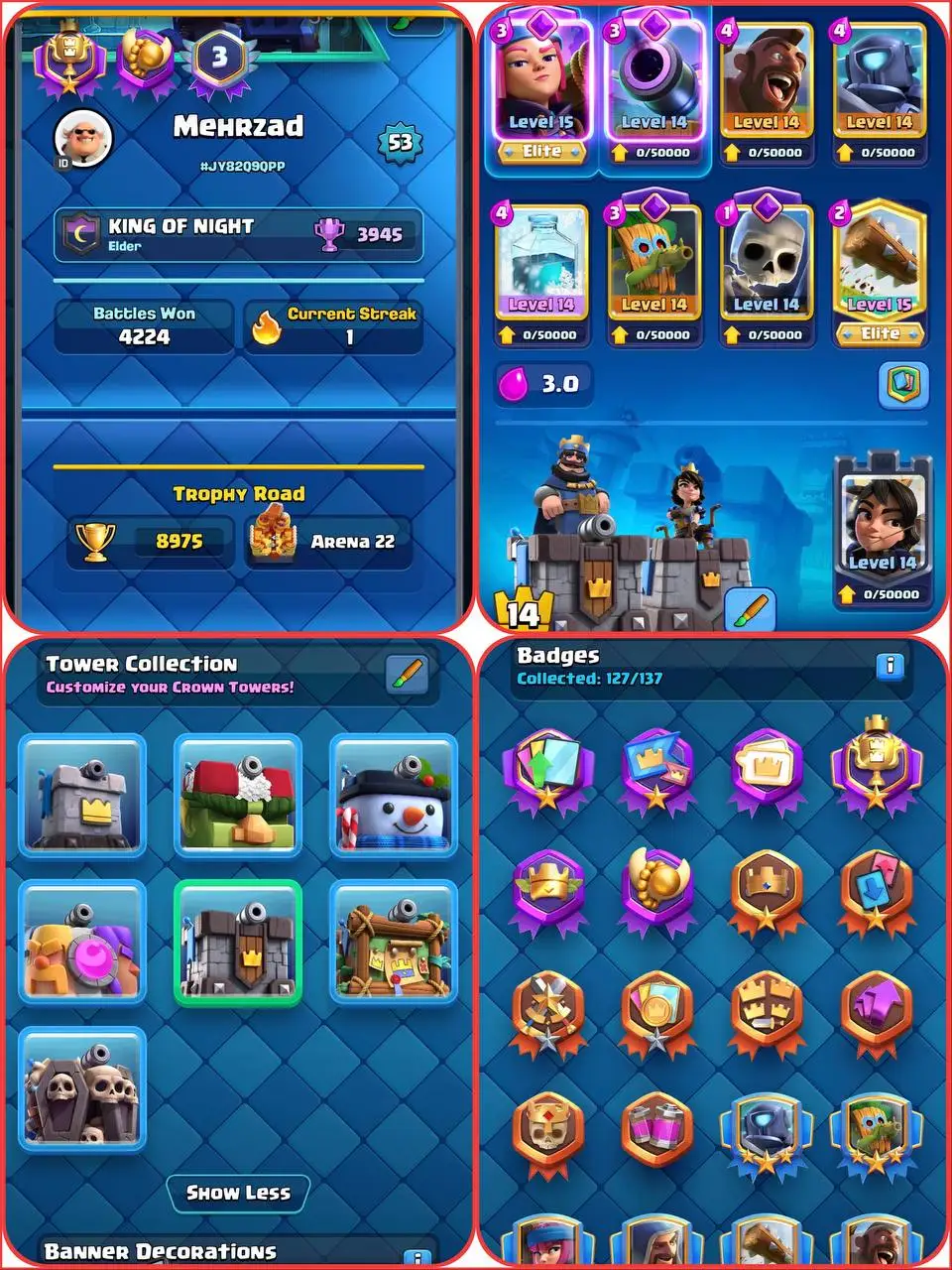 👑LEV-53👑12-EVO CARDS-45 MAX CARD-17 ELITES❤️8975-TROPHIES🏆KT-14💫ARENA-22💥70 EMOTES🫧CHEAP👀INSTANT DELIVERY✅