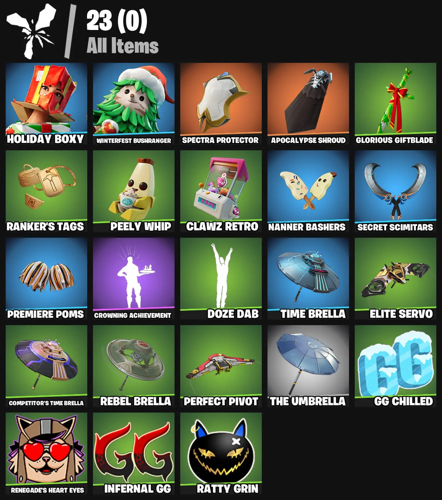 [PC/PSN/XBOX] 2 skins | Holiday Boxy | Winterfest Bushranger | Spectra Protector | Apocalypse Shroud | Glorious Giftblade | Ranker's Tags | 200 VB