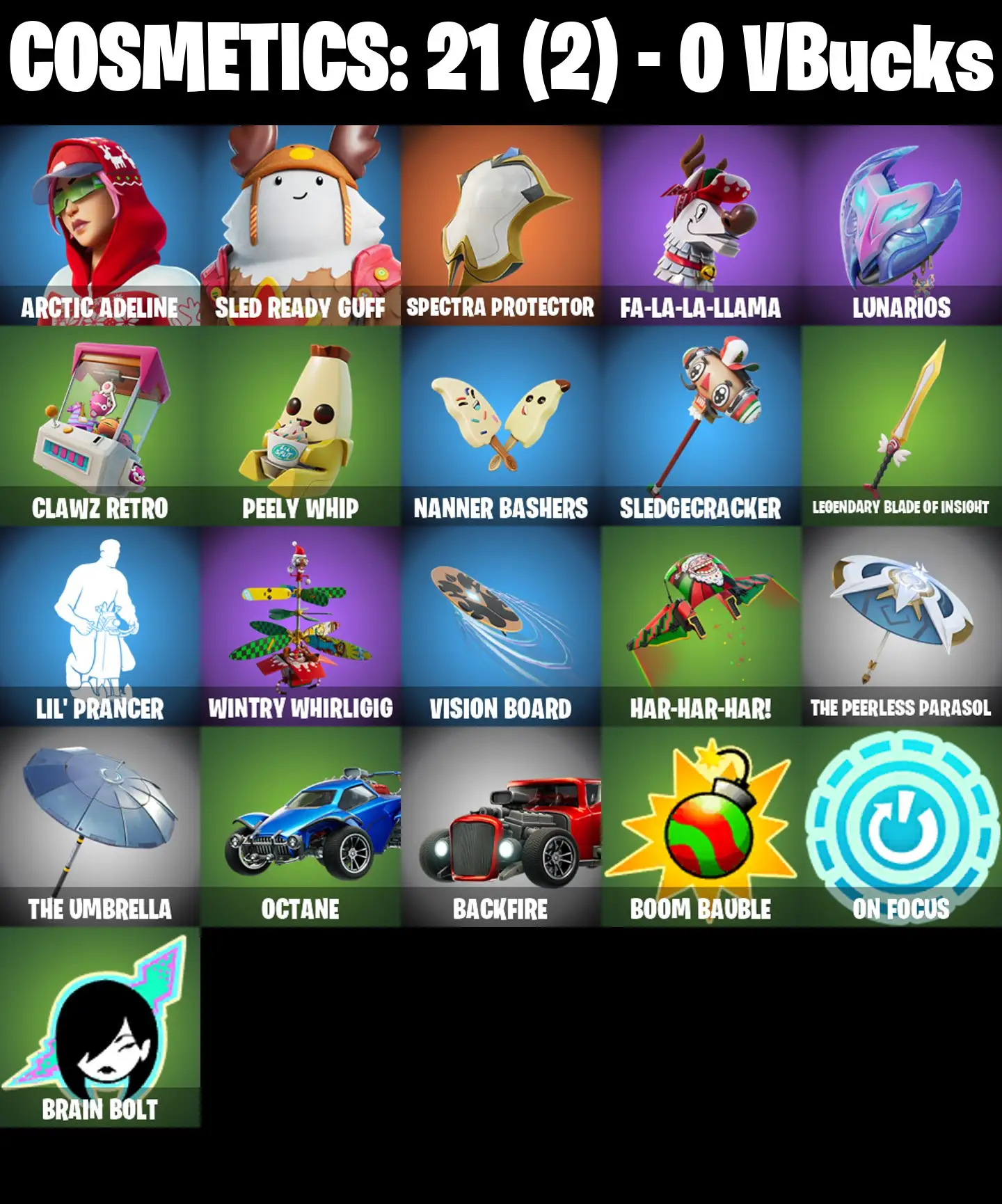 [PC/PSN/XBOX] 2 skins | Arctic Adeline | Sled Ready Guff | Spectra Protector | Fa-la-la-Llama | Lunarios | Clawz Retro | Peely Whip | Nanner Bashers | 0 VB
