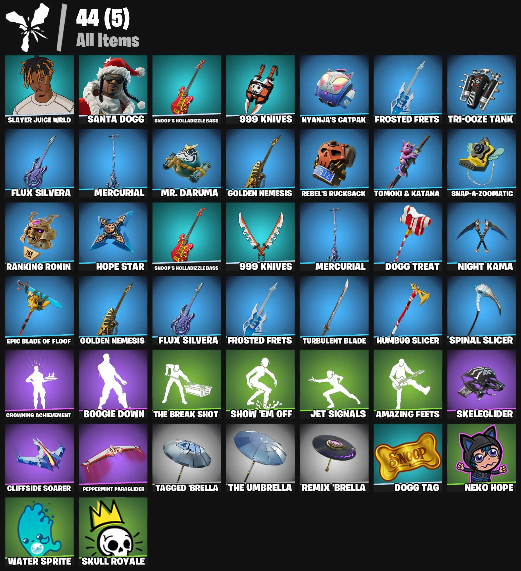 [PC/PSN/XBOX] 2 skins | Slayer Juice WRLD | Santa Dogg | Snoop's Holladizzle Bass | 999 Knives | Nyanja's Catpak | Frosted Frets | Tri-Ooze Tank | 100 VB