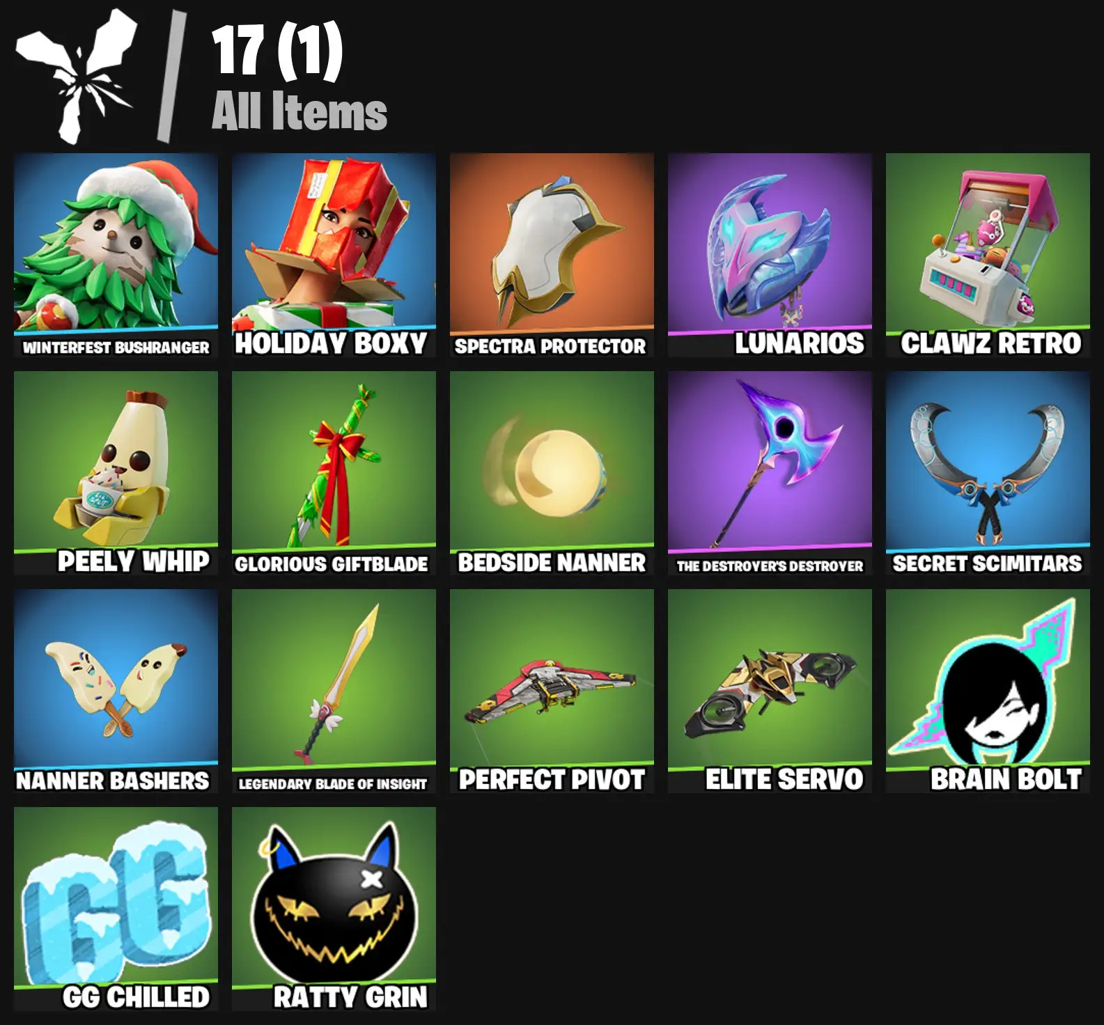 [PC/PSN/XBOX] 2 skins | Winterfest Bushranger | Holiday Boxy | Spectra Protector | Lunarios | Clawz Retro | Peely Whip | Glorious Giftblade | 0 VB