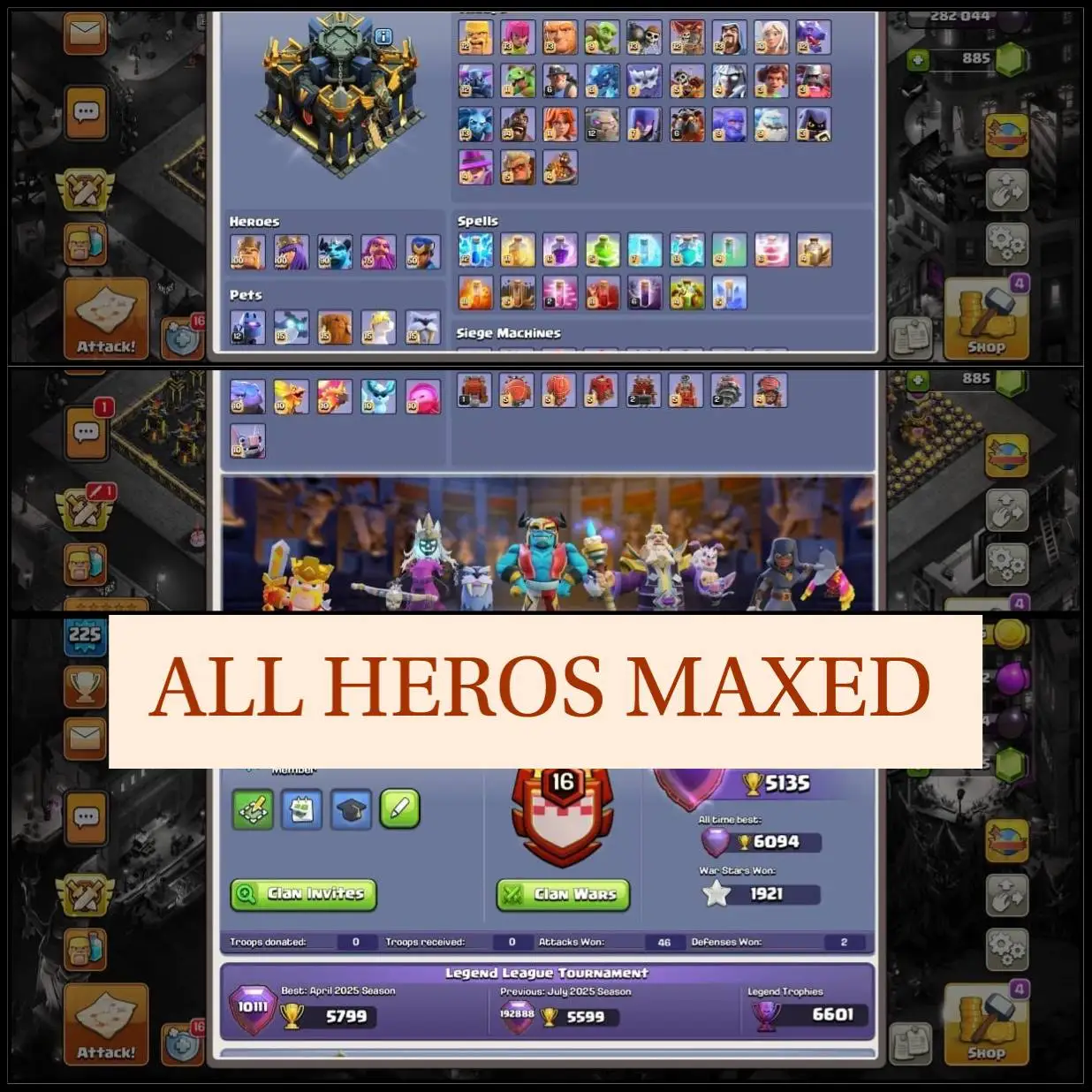 SPARK 💥 TH-17 MAX | 6094 ATB ⭐ | 27 MAX EQUIP 🛡HEROES & PETS MAX 🐾 |MAGIC ITEMS STACKED -CWL MEDALS 🏅 | 13x SKINS 🎭 | 2x SCENERIES 🌄 |  | FAST DELIVERY 🚚