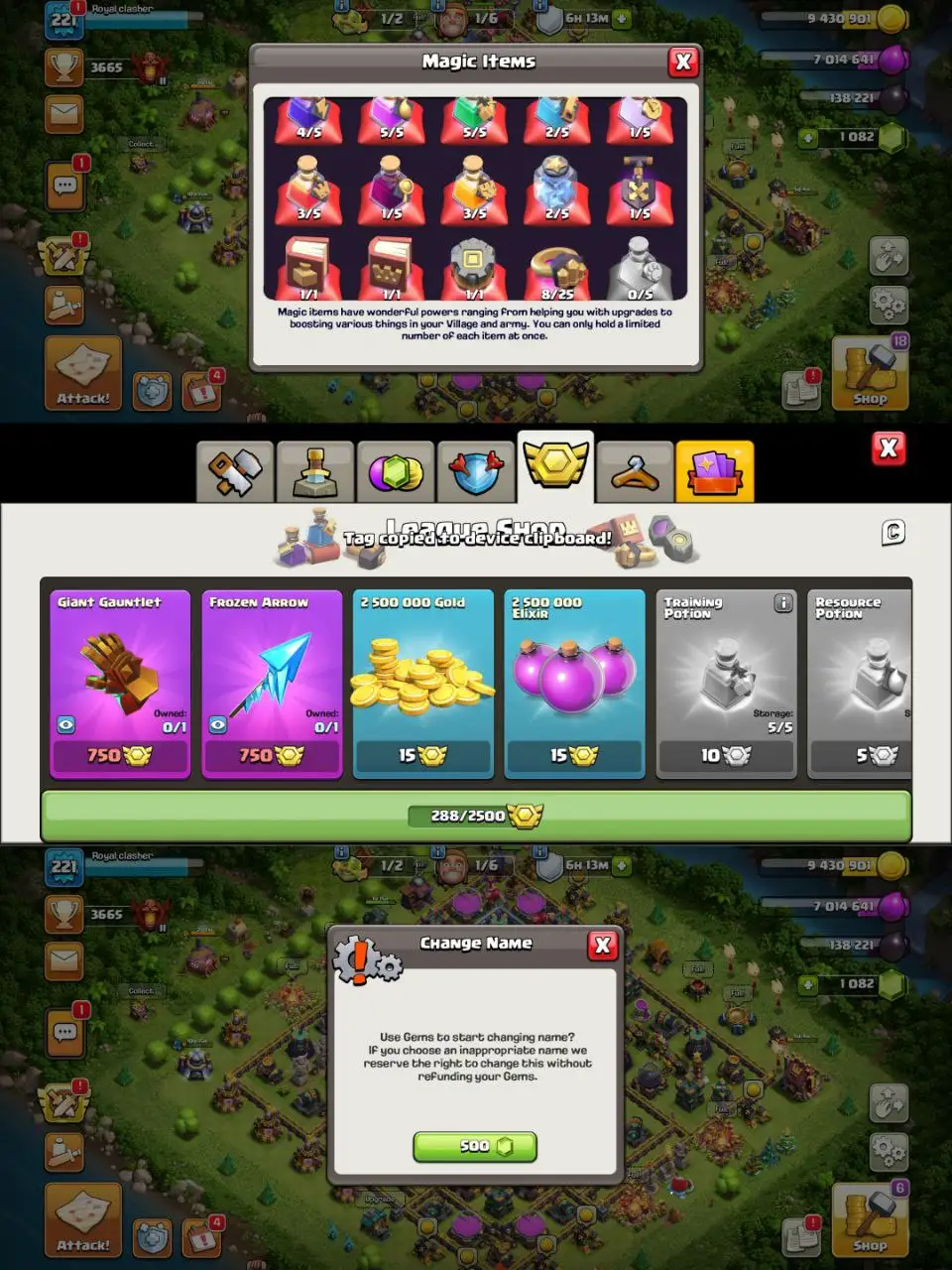 [#309] PRE - MAX TH 15 | 74-80-54-55-30 HEROES | STACKED MAGIC ITEMS | 288 CWL MEDALS | 500 RENAME |  5 HEROES SKIN | NORMAL EQUIPMENT | INSTANT DELIVERY