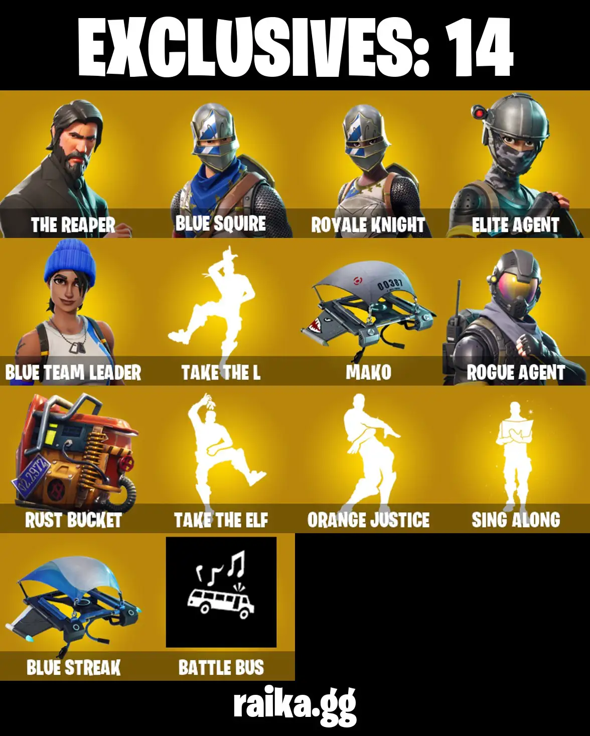 [PC/XBOX/PS] 46 OG skins | Take The L | The Reaper | Blue Squire | Royale Knight | Elite Agent | Blue Team Leader | Rogue Agent | Mako | Lynx Stage 4 | 150 VB