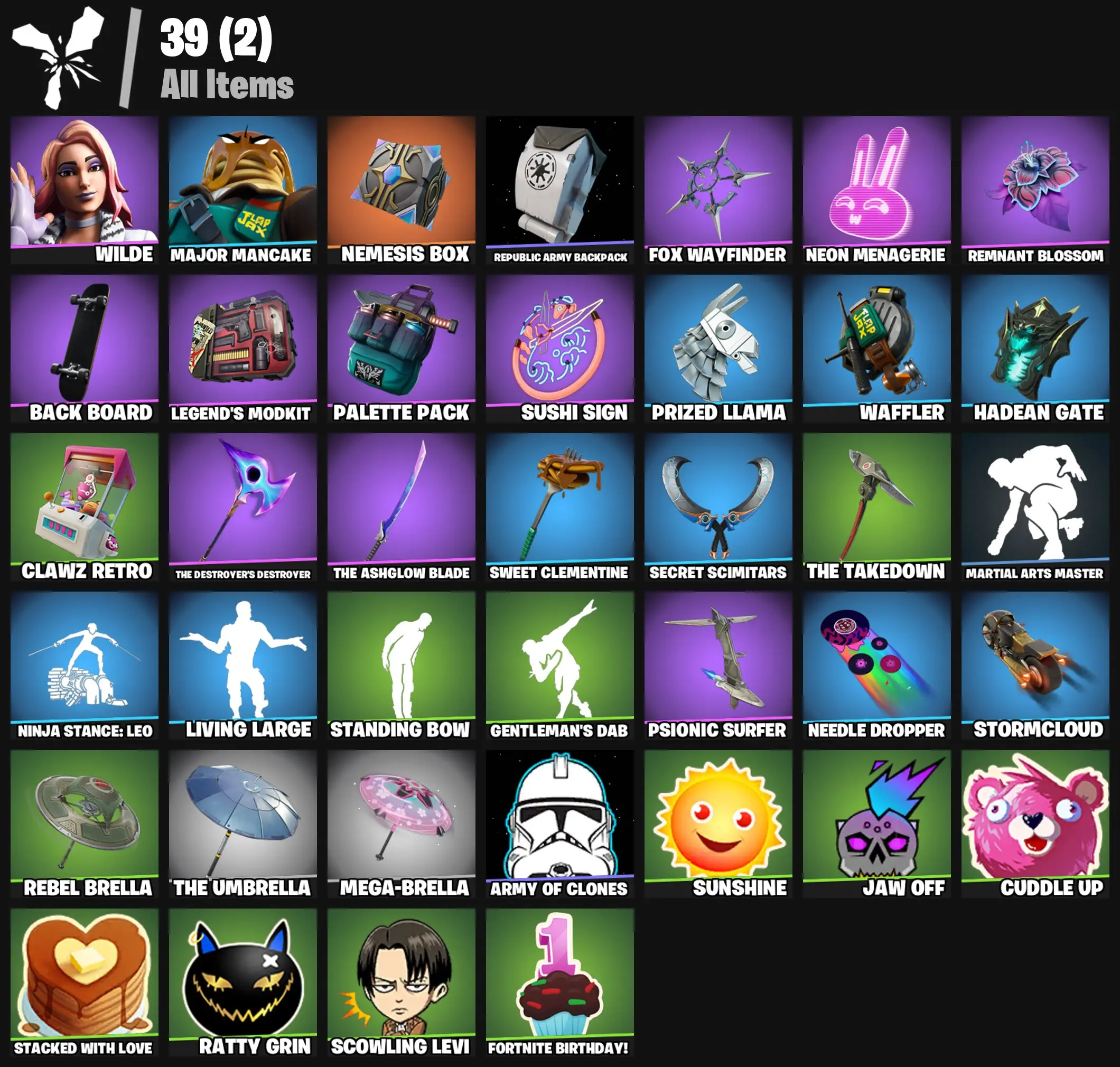 [PC/PSN/XBOX] 2 skins | Wilde | Major Mancake | Nemesis Box | Republic Army Backpack | Fox Wayfinder | Neon Menagerie | Remnant Blossom | Back Board | 100 VB