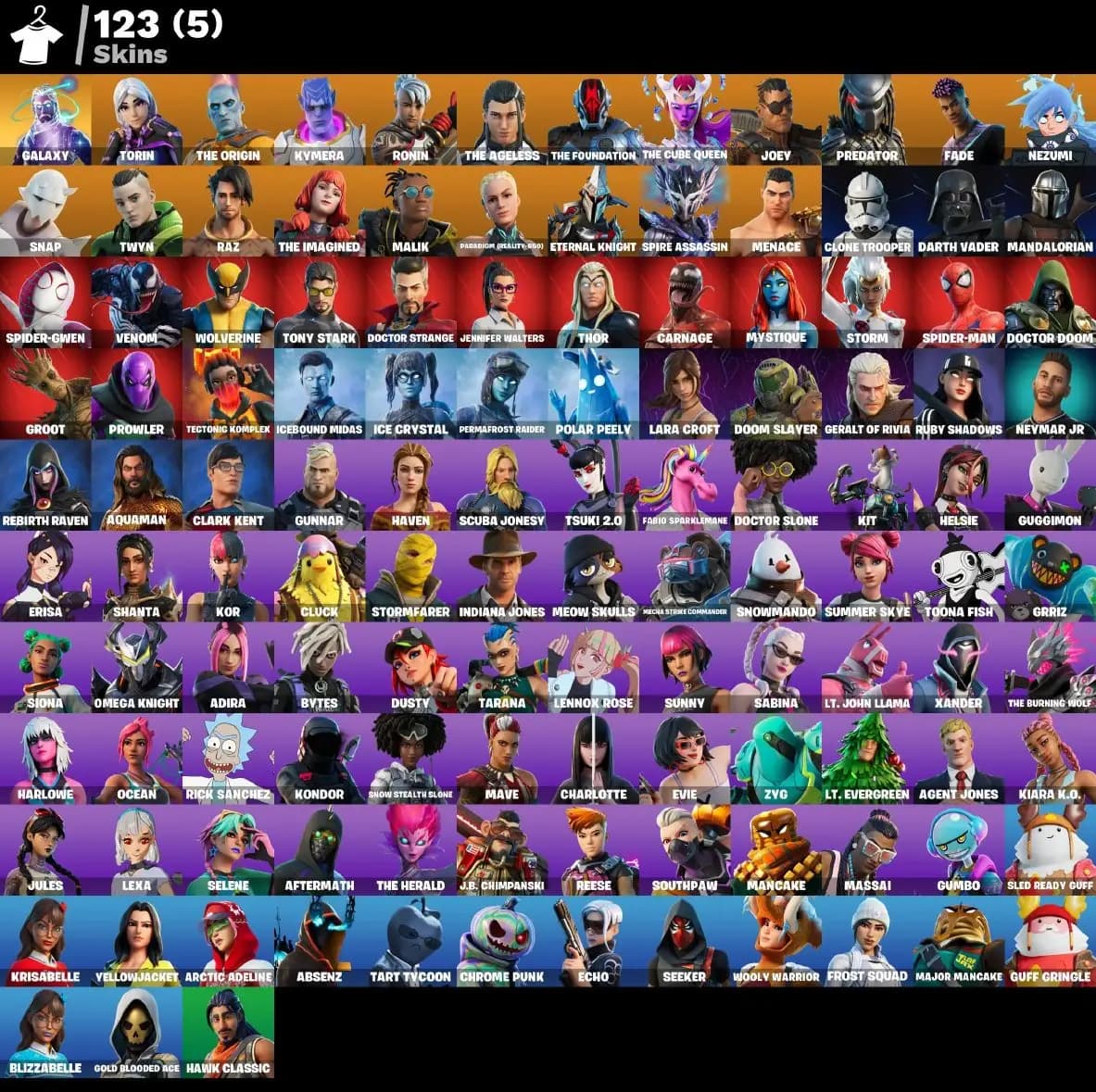 123 skins | Galaxy | Torin | The Origin | Kymera | Ronin | The Ageless | The Foundation | The Cube Queen | Joey | Predator | Fade | Nezumi | 450 VB