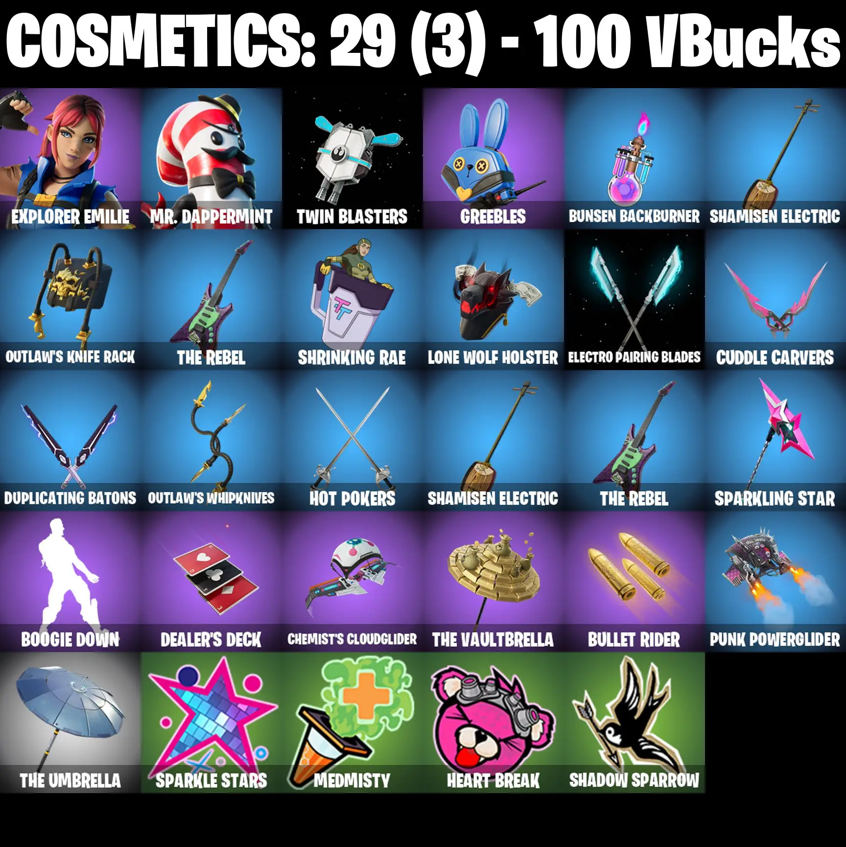 [PC/PSN/XBOX] 2 skins | Explorer Emilie | Mr. Dappermint | Twin Blasters | Greebles | Bunsen Backburner | Shamisen Electric | Outlaw's Knife Rack | 100 VB