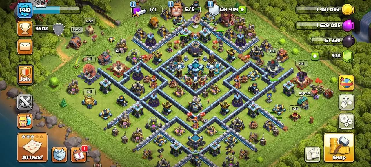 [#827] ALMOST MAX TH 13 | DARK BLUE WALLS | 29-30-40-15-10 HEROES | 138 CWL MEDALS | FREE RENAME | INSTANT DELIVERY