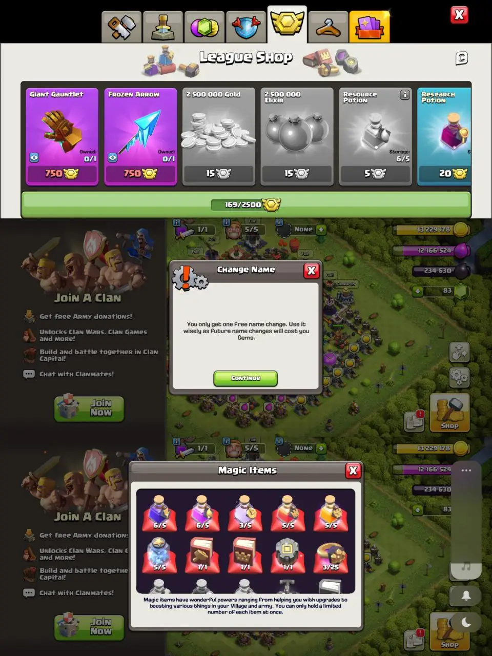 [#702] SEMI-MAX TH 12 | 23-25-25-9 HEROES | 169 CWL MEDALS | FREE RENAME | SOME MAGIC ITEMS | INSTANT DELIVERY