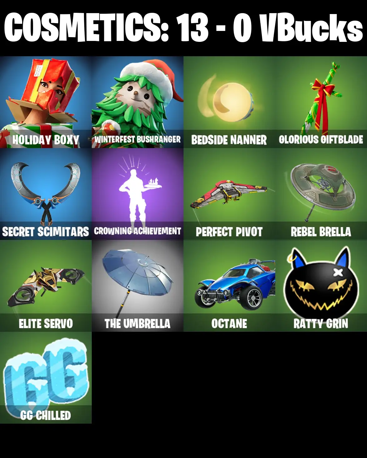 [PC/PSN/XBOX] 2 skins | Holiday Boxy | Winterfest Bushranger | Bedside Nanner | Glorious Giftblade | Secret Scimitars | Crowning Achievement | 0 VB