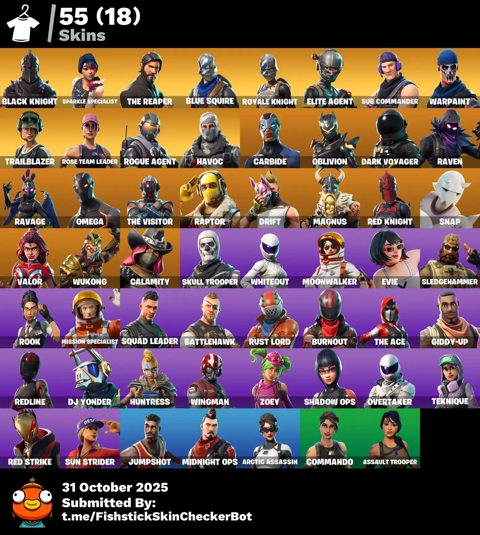 🛡️ 56 Skins · 69 Paid · OG Black Knight, Reaper, Sparkle Specialist + More 🔥