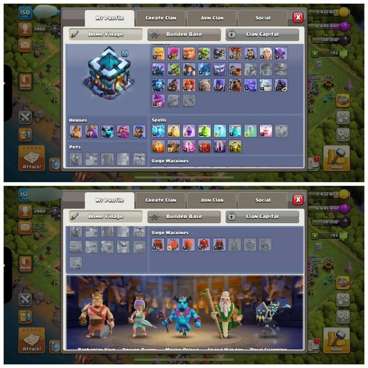 {POWERFULL ACCOUNT} TH13 PURE MAX⚡️XP- 150 ⚡️5 EPIC EQUIPMENTS⚡️HERO 75-75-50-50-25⚡️MAX WALLS ⚡️200 CWL MEDALS⚡️3 SKINS ⚡️MAGIC ITEMS ⚡️NC FREE⚡️OP LAB ⚡️INSTANT DELIVERY 🚚