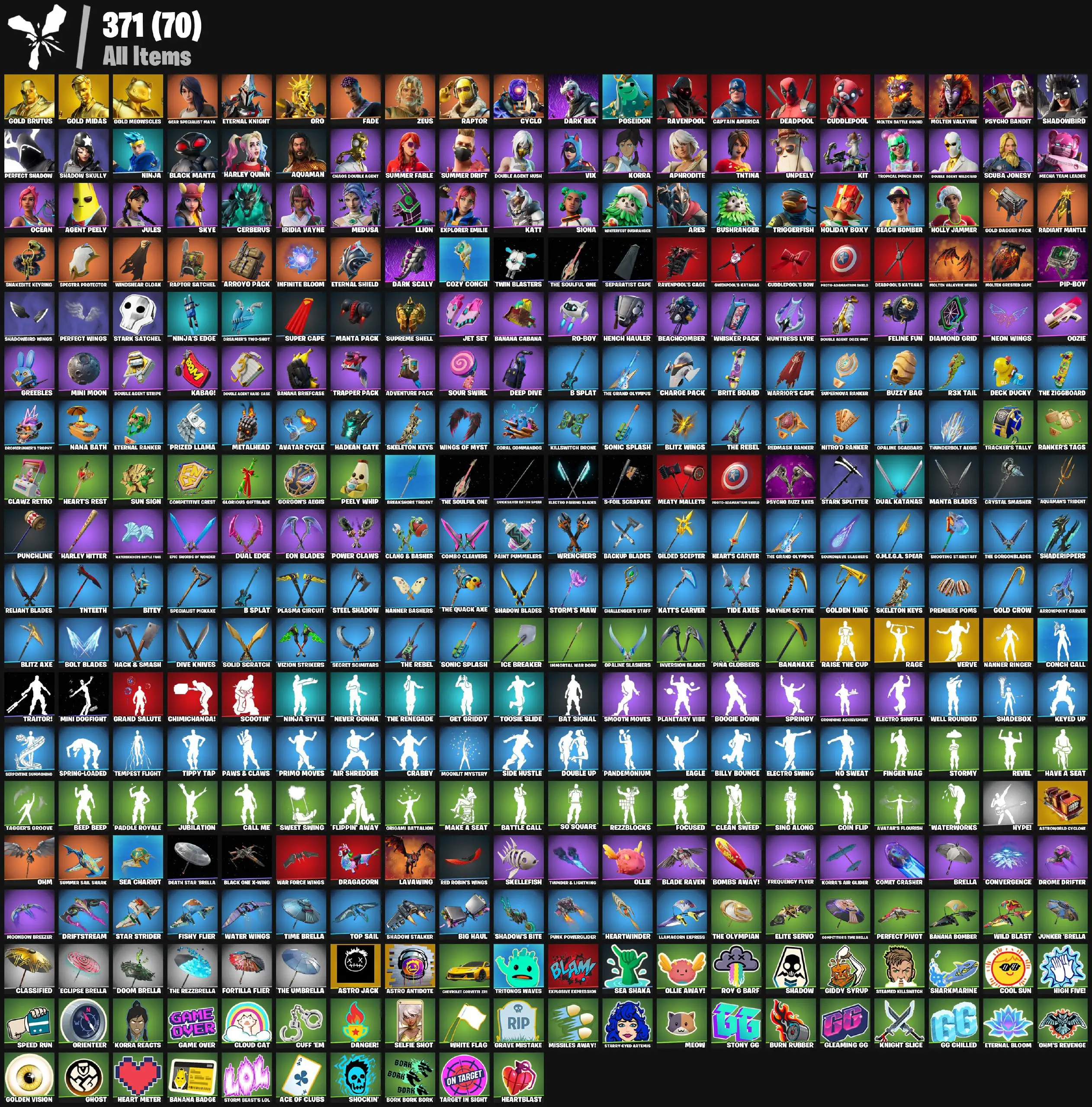 [PC/PSN/XBOX] 58 skins | Gold Brutus | Gold Meowscles | Gold Midas | Explorer Emilie | Greebles | Neon Wings | Clawz Retro | Shooting Starstaff | Verve