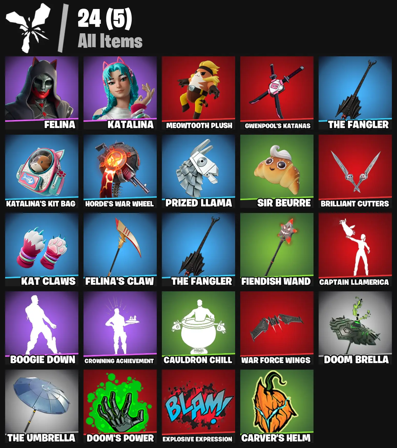 [PC/PSN/XBOX] 2 skins | Felina | Katalina | Meowtooth Plush | Gwenpool's Katanas | The Fangler | Katalina's Kit Bag | Horde's War Wheel | 100 VB