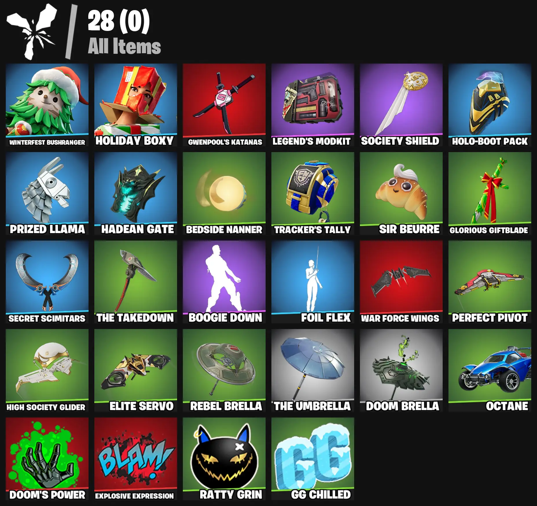 [PC/PSN/XBOX] 2 skins | Winterfest Bushranger | Holiday Boxy | Gwenpool's Katanas | Legend's Modkit | Society Shield | Holo-Boot Pack | Prized Llama | 200 VB
