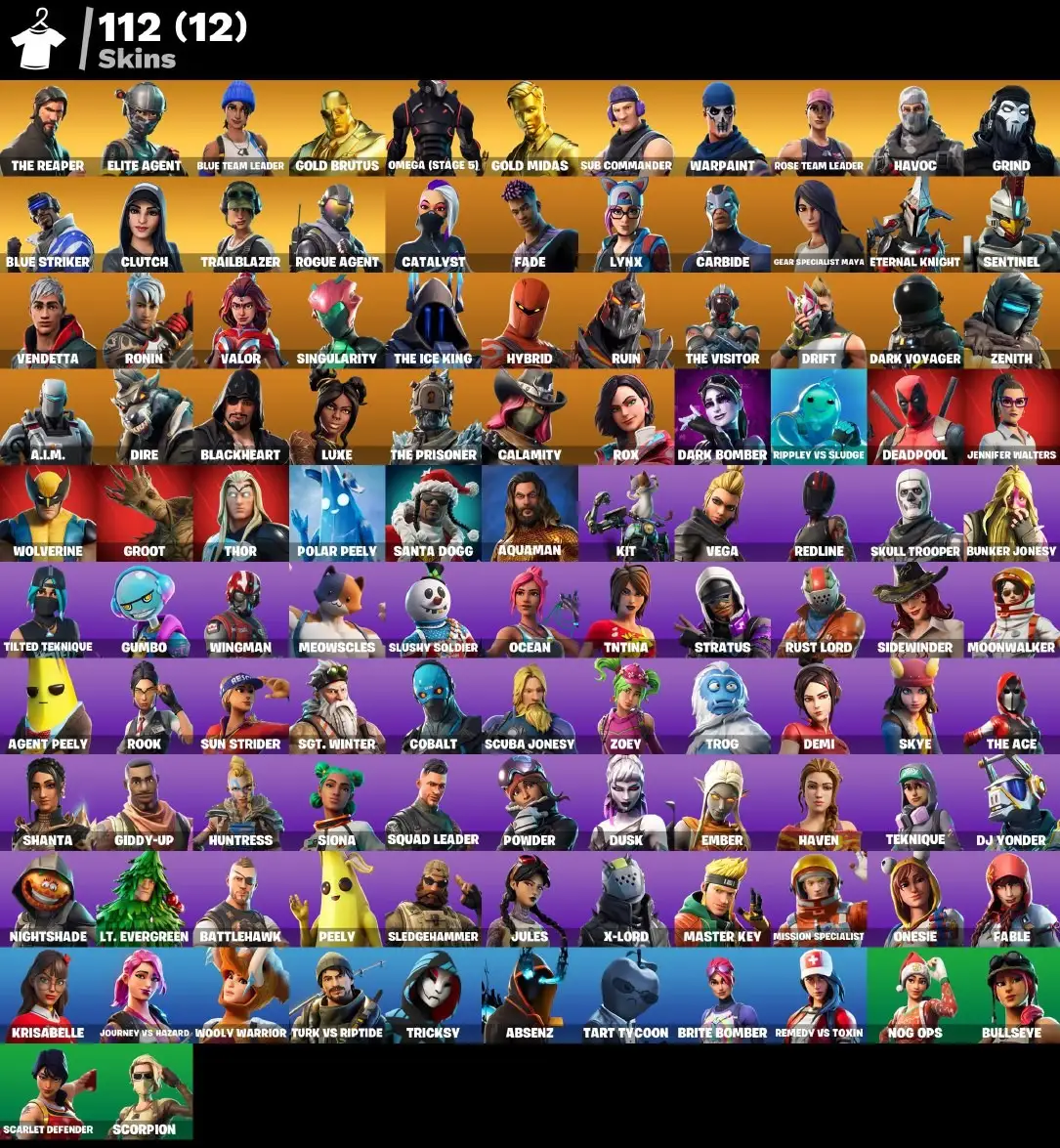 112 skins | OG STW | The Reaper | Elite Agent | Blue Team Leader | Gold Brutus | Omega (stage 5) | Gold Midas | Sub Commander | Havoc | Grind | 585 VB