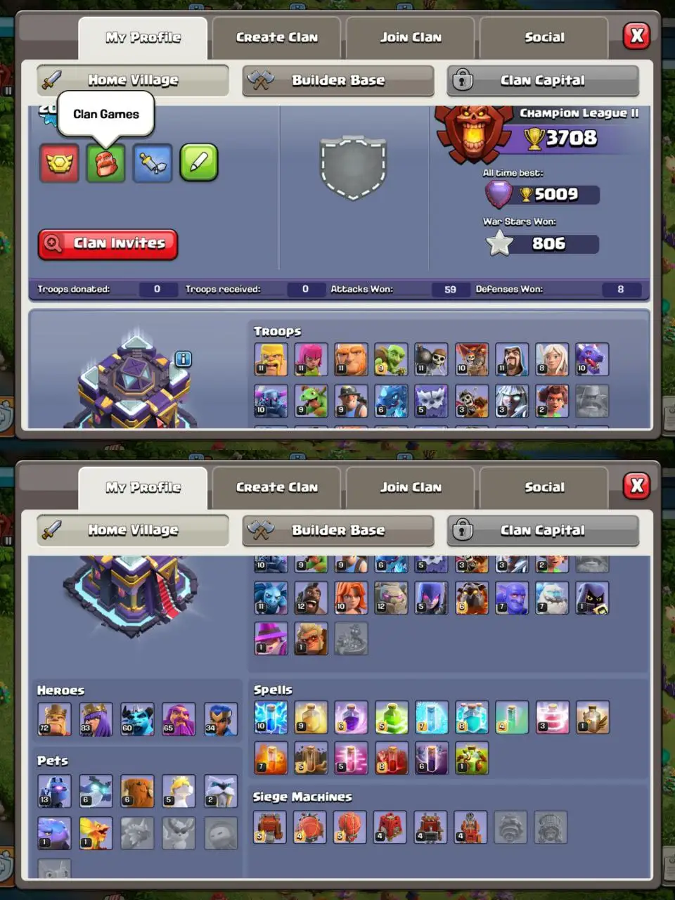 [#735] ALMOST MAX TH 15 | 72-83-60-65-34 HEROES | 917 CWL MEDALS | 1000 RENAME | BEST EQUIPMENT | 3 TOTAL HEROES SKIN  | INSTANT DELIVERY