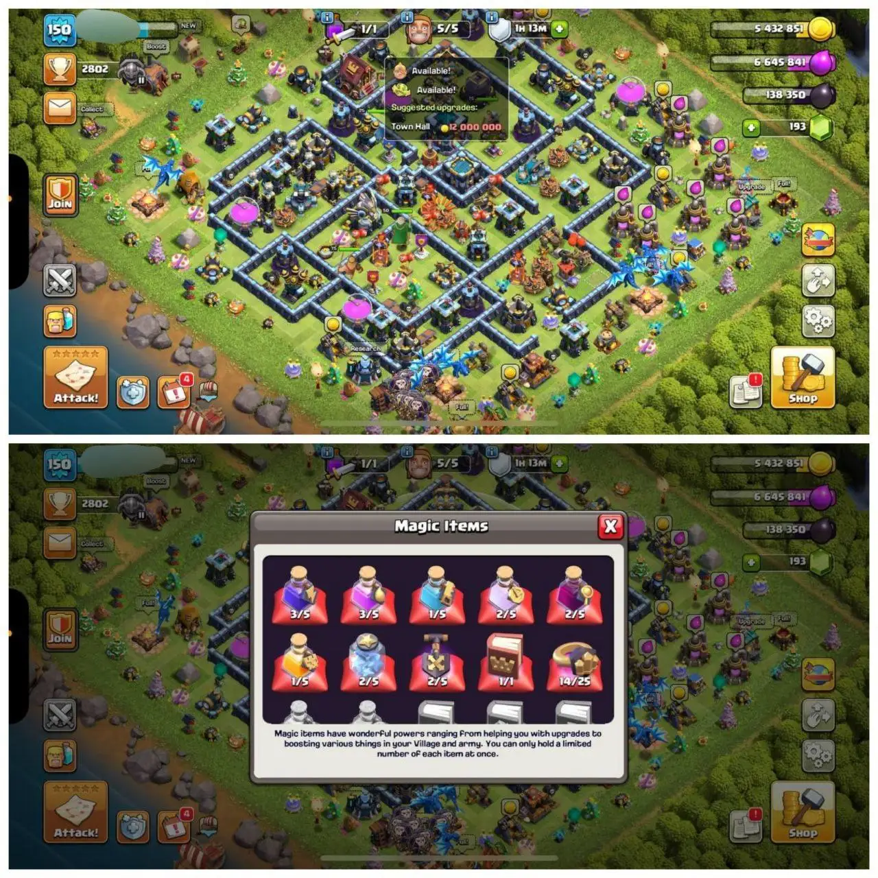 {POWERFULL ACCOUNT} TH13 PURE MAX⚡️XP- 150 ⚡️5 EPIC EQUIPMENTS⚡️HERO 75-75-50-50-25⚡️MAX WALLS ⚡️200 CWL MEDALS⚡️3 SKINS ⚡️MAGIC ITEMS ⚡️NC FREE⚡️OP LAB ⚡️INSTANT DELIVERY 🚚