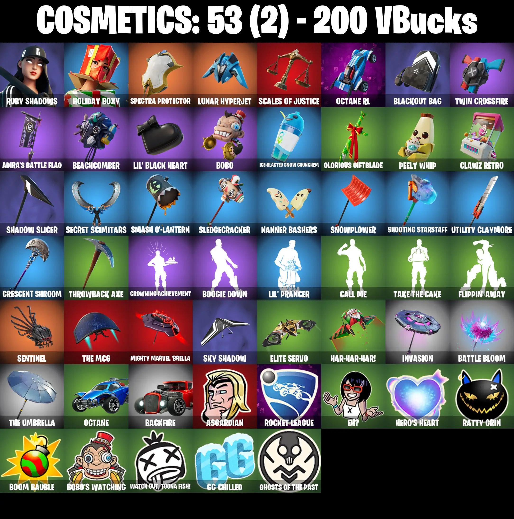 [PC/PSN/XBOX] 2 skins | Ruby Shadows | Holiday Boxy | Spectra Protector | Lunar Hyperjet | Scales of Justice | Octane RL | Blackout Bag | 200 VB