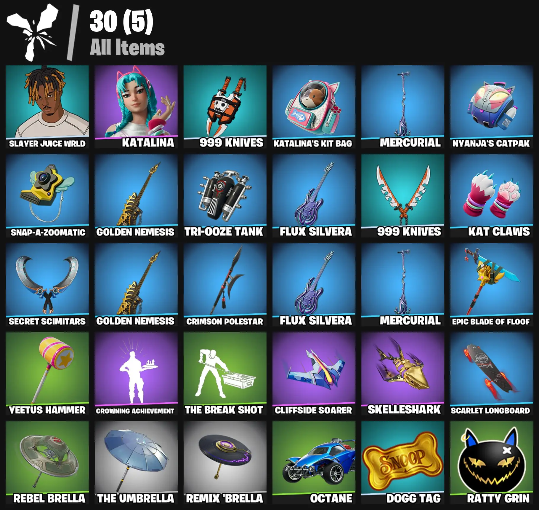 [PC/PSN/XBOX] 2 skins | Slayer Juice WRLD | Katalina | 999 Knives | Katalina's Kit Bag | Mercurial | Nyanja's Catpak | Snap-A-Zoomatic | 300 VB