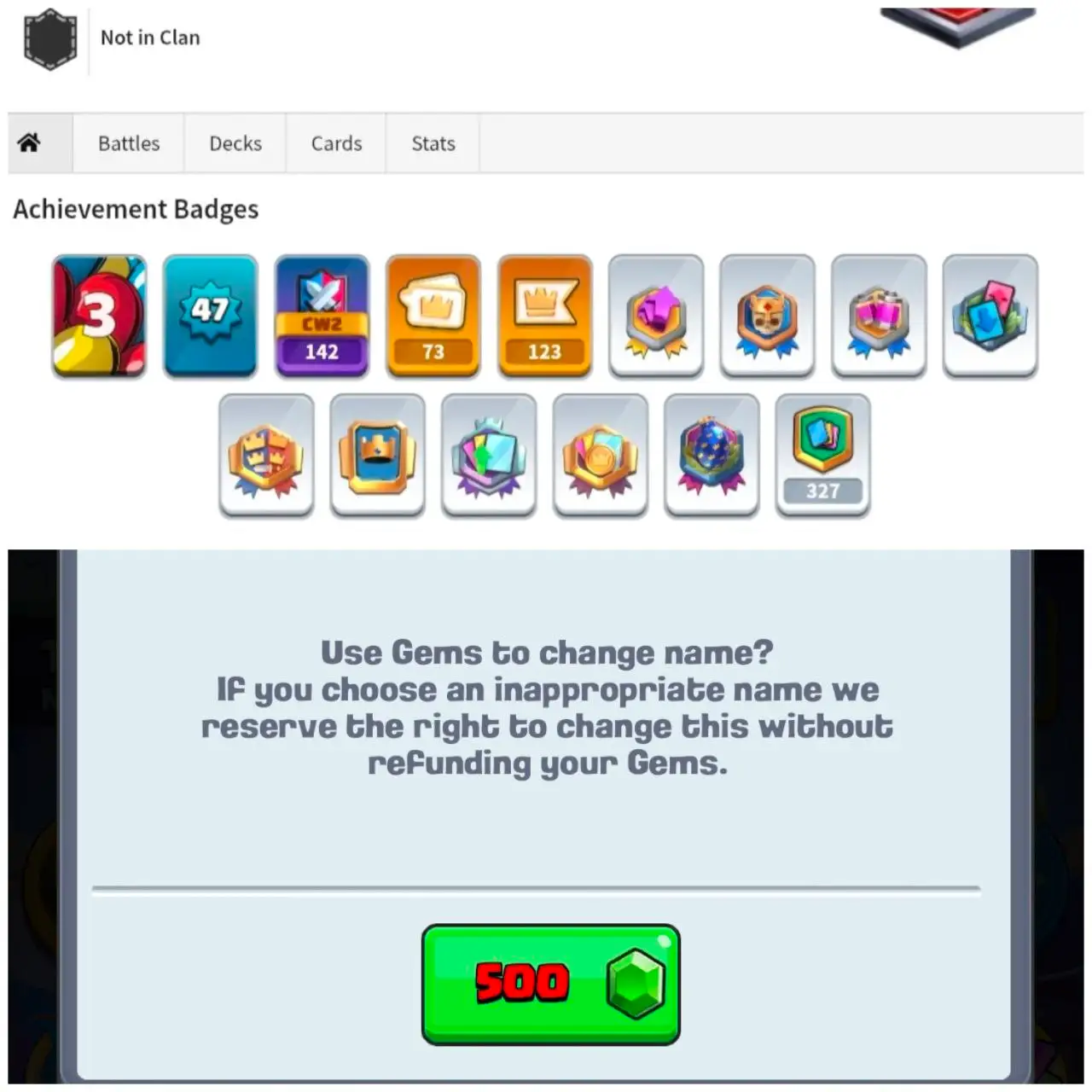 [#1453] 8256 TROPHY | 47 LEVEL  | 21 ARENA  | 14 KT  | 73 EMOTES   | 500  RENAME | CHEAP PRICE | INSTANT DELIVERY