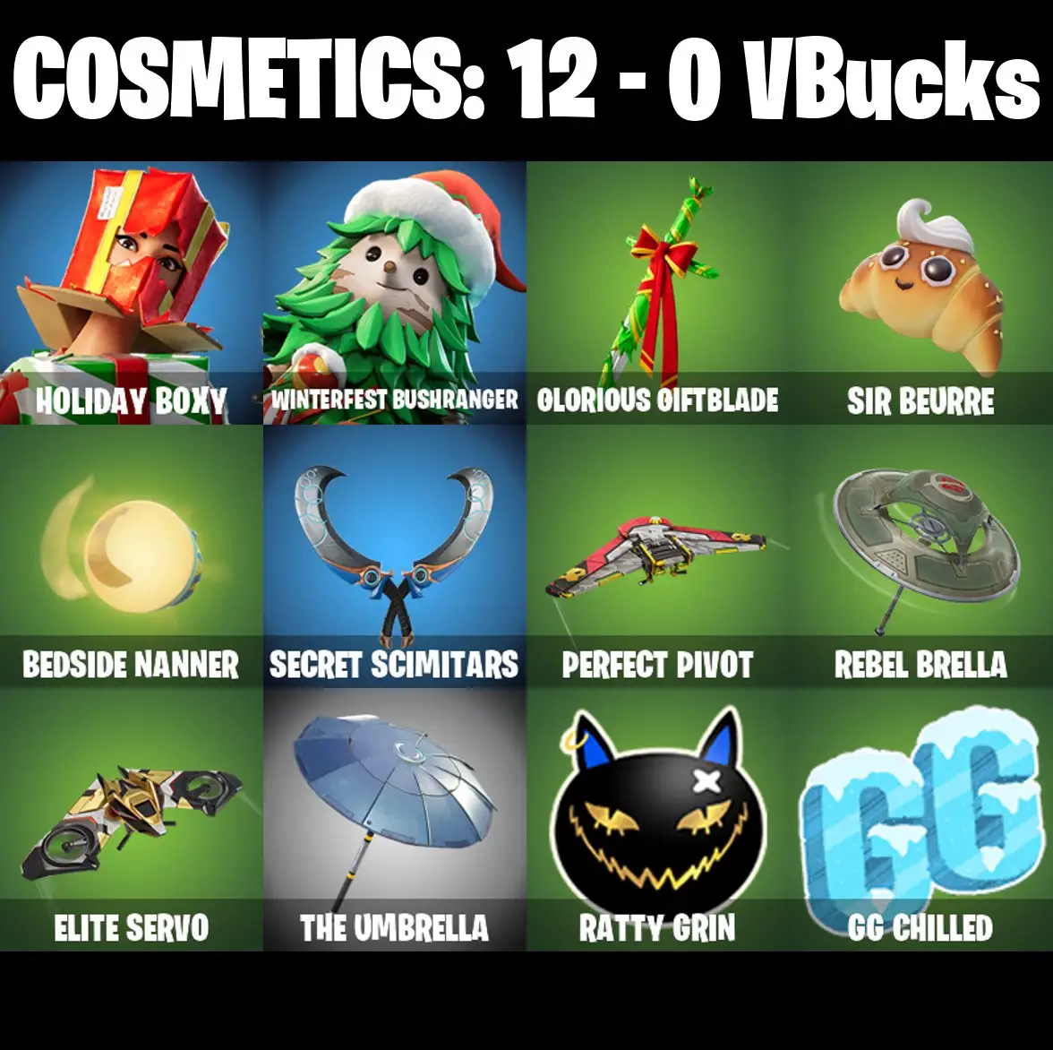 [PC/PSN/XBOX] 2 skins | Holiday Boxy | Winterfest Bushranger | Glorious Giftblade | Sir Beurre | Bedside Nanner | Secret Scimitars | Perfect Pivot | 0 VB