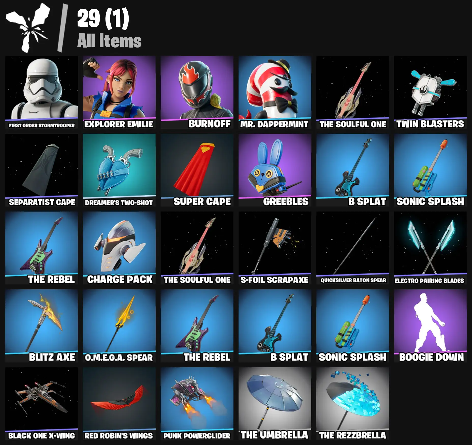 [PC/PSN/XBOX] 4 skins | First Order Stormtrooper | Explorer Emilie | Burnoff | Mr. Dappermint | The Soulful One | Twin Blasters | Separatist Cape | 300 VB