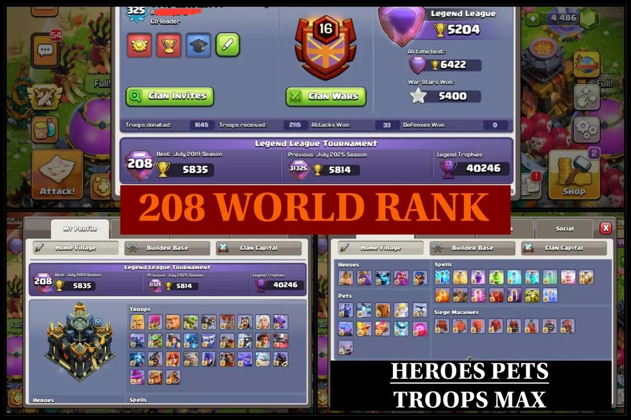 💥 TH17 FULL MAX | 208 GLOBAL⭐ | 5.4K WAR STARS 💥 40 K🏆HEROES & PETS MAX 🐾 | STACKED OBSTACLES 🌴 | 90 SKINS 🎭 | 26 SCENERIES 🌄 | EQUIPS MAXED 🛡️ | FAST DELIVERY 🚚