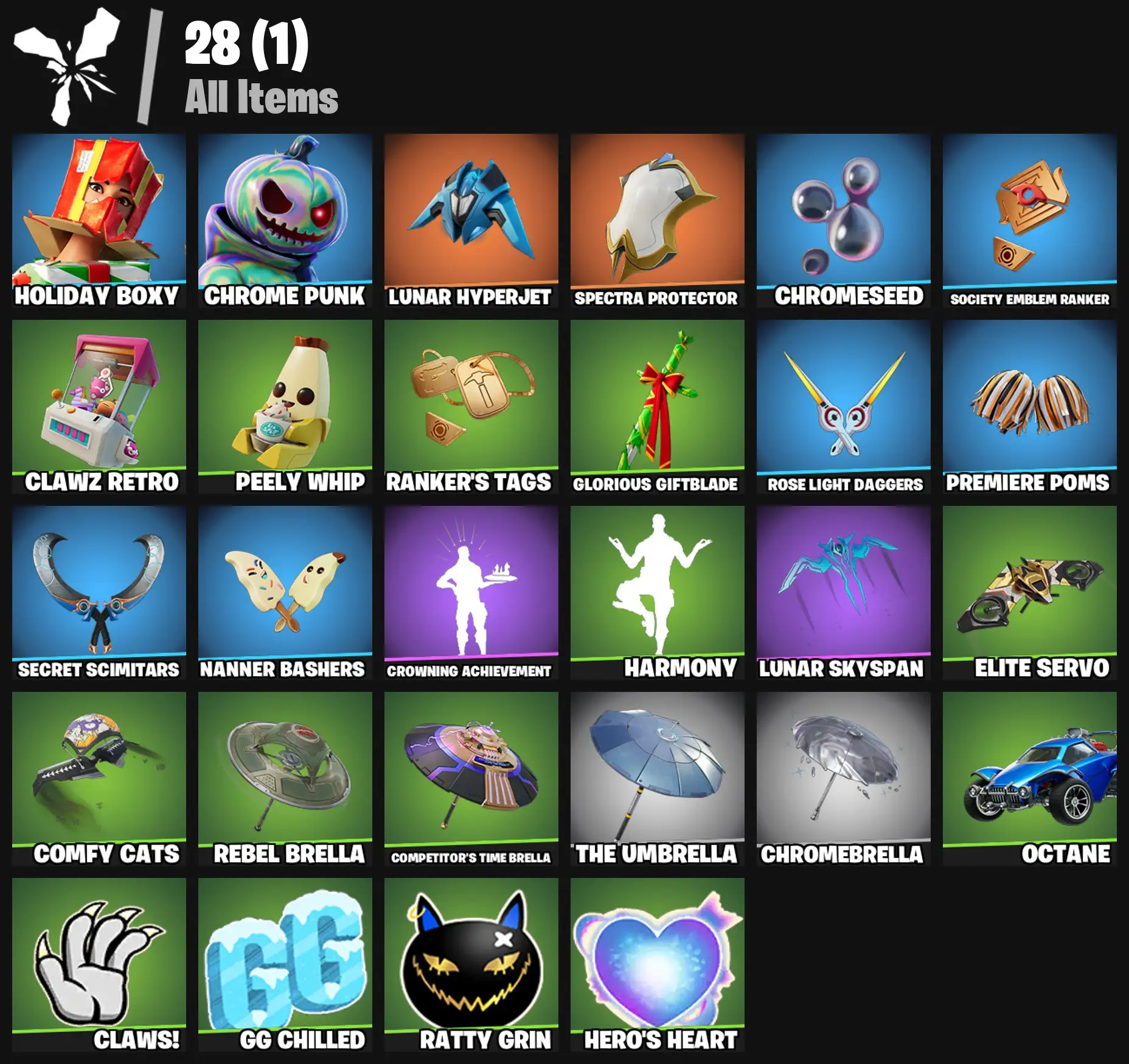 [PC/PSN/XBOX] 2 skins | Holiday Boxy | Chrome Punk | Lunar Hyperjet | Spectra Protector | Chromeseed | Society Emblem Ranker | Clawz Retro | 0 VB