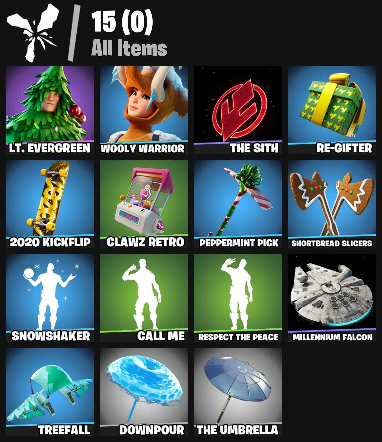 [PC/PSN/XBOX] 2 skins | Lt. Evergreen | Wooly Warrior | The Sith | Re-gifter | 2020 Kickflip | Clawz Retro | Peppermint Pick | Shortbread Slicers | 0 VB